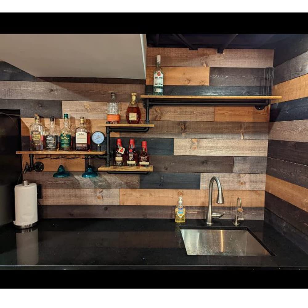 Industrial Pipe Shelves Wine Rack - 39in Wall Mounted Metal Hanging Shelf with 4 Stem Glass Holder, Rustic Floating Pipe Shelf for Living Room, Kitchen, Bar Decor - Perfect for Wine Storage, Glass Display & Home Organization