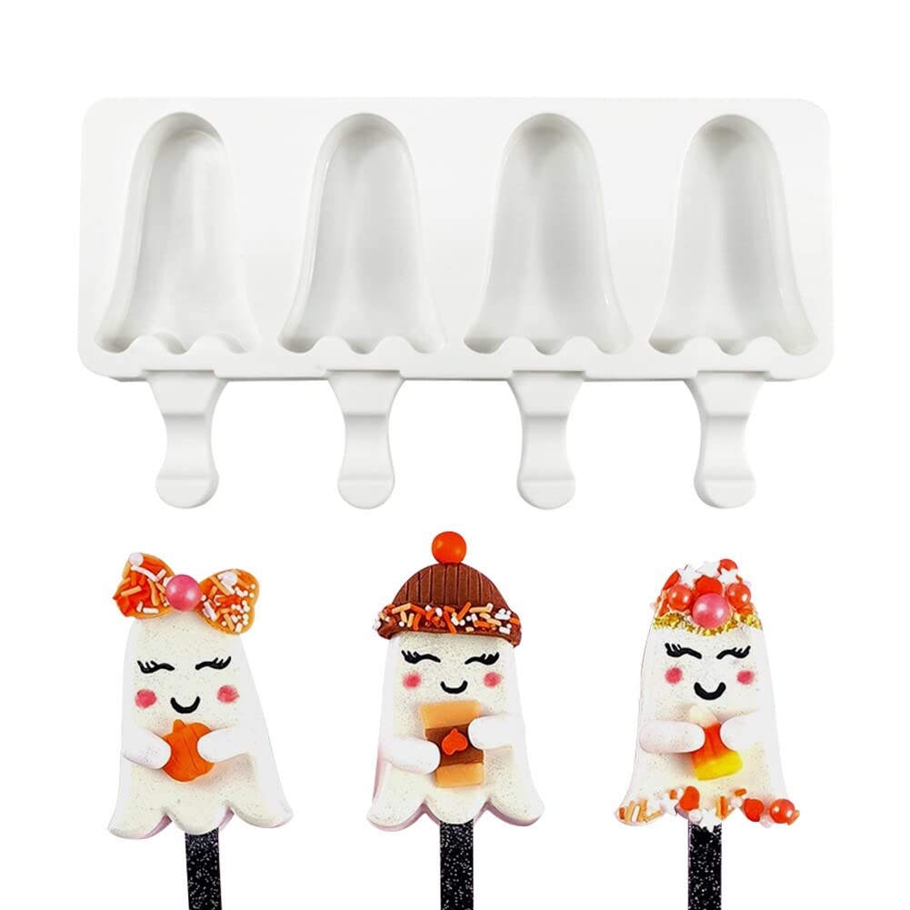 Ghost-Shaped Silicone Popsicle Molds - 4 Cavity Reusable Ice Pop Makers for Kids & Adults - Perfect for Halloween Treats, Summer Snacks, DIY Frozen Desserts, and Homemade Ice Cream