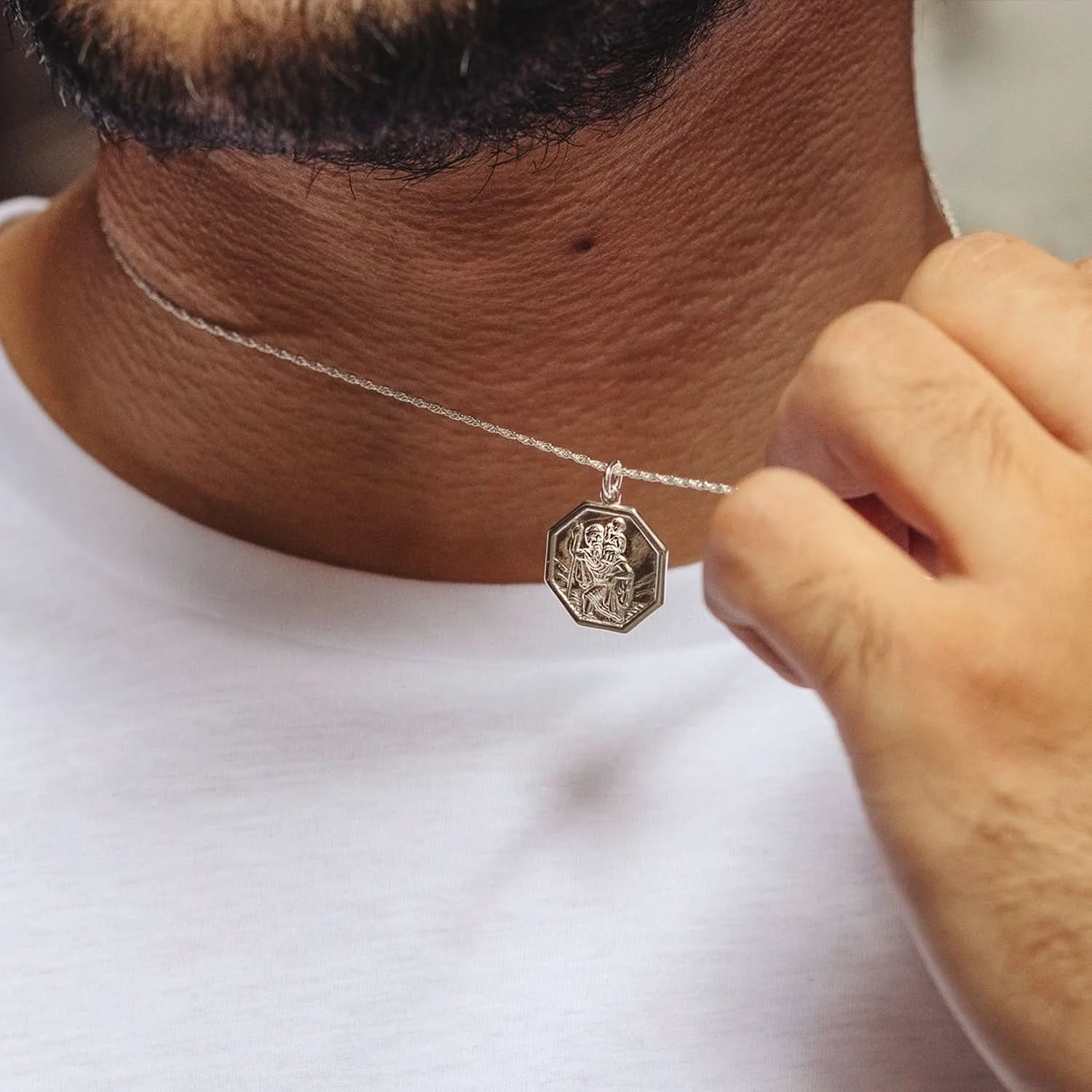 St. Christopher Necklace for Men - 14K White Gold Religious Pendant with Custom Engraving - Perfect for Gifts, Baptism, and Daily Wear