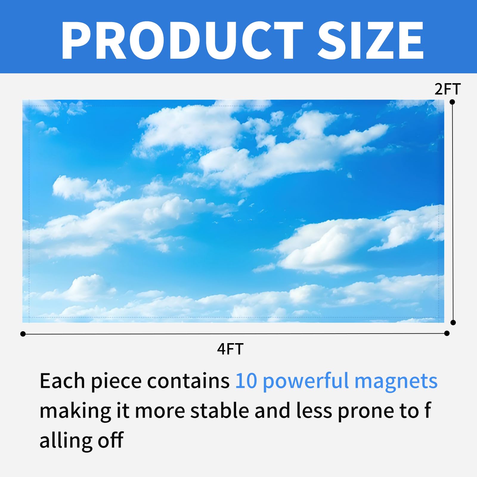 12 Pack Fluorescent Light Covers for Ceiling Lights - Magnetic Light Diffuser Filters for Classrooms, Offices, Hospitals & Homes (4x2 ft, Blue Sky White Clouds Design) - Reduce Glare & Create Calming Atmosphere
