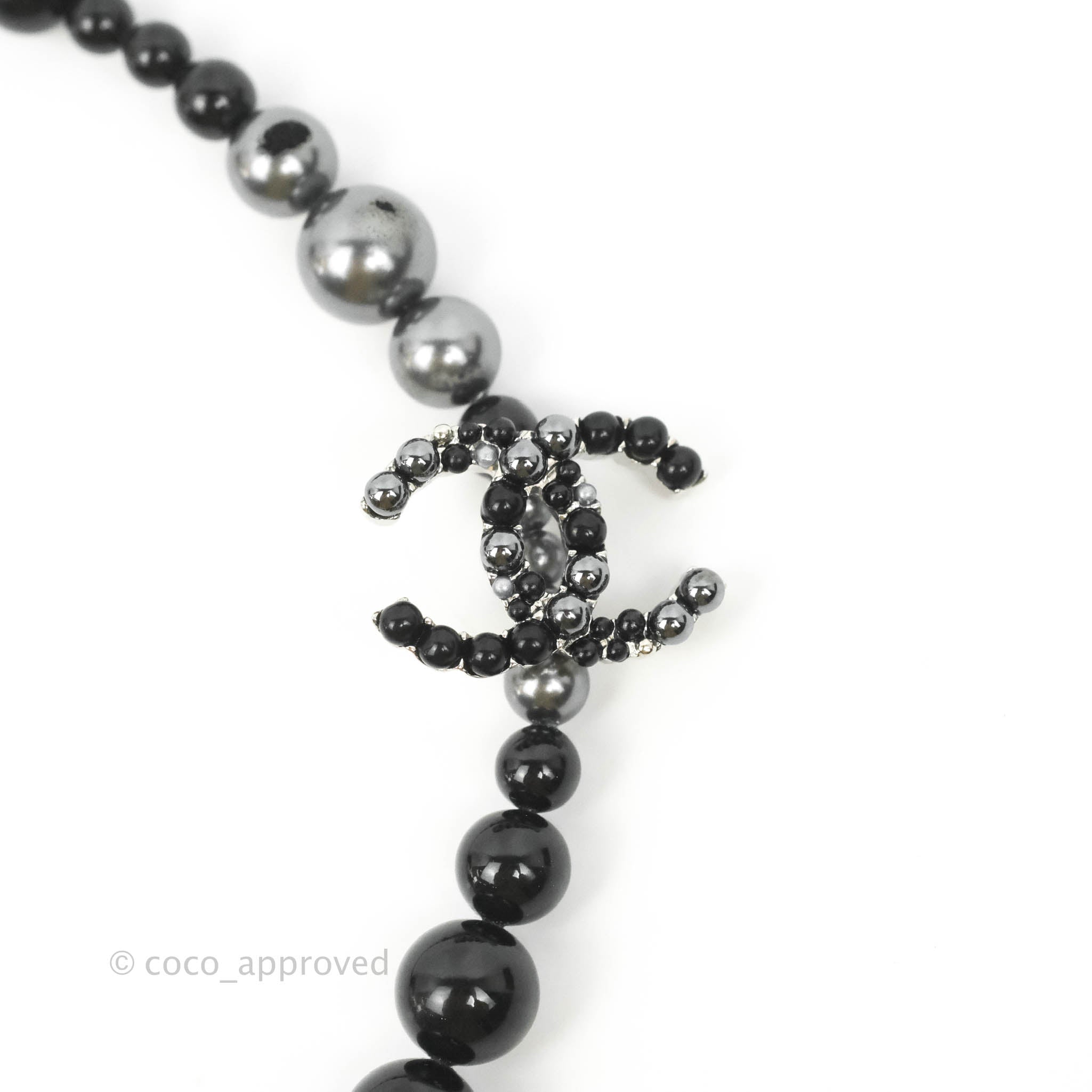 Chanel CC Resin Black Bead Necklace with Silver Tone 14P - Elegant Fashion Jewelry for Women, Perfect for Parties, Weddings & Special Occasions