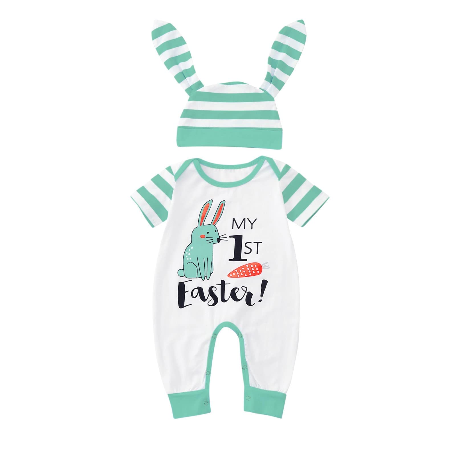 Easter Outfit for Baby Boys & Girls - Cute Cartoon Rabbit Printed Romper Jumpsuit with Matching Hat 2PC Set - Perfect for Easter Photos, Egg Hunts & Spring Celebrations