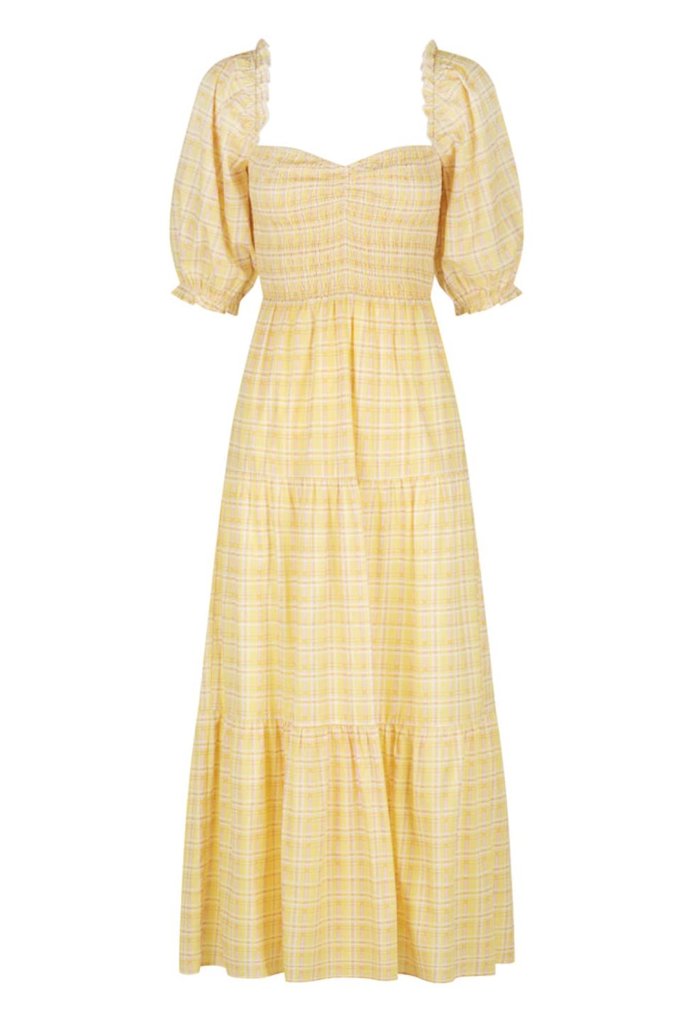 Elena Yellow Puff Sleeve Tiered Midi Dress for Women - Flowy Summer Dress with Ruffles - Perfect for Beach, Wedding & Party Occasions