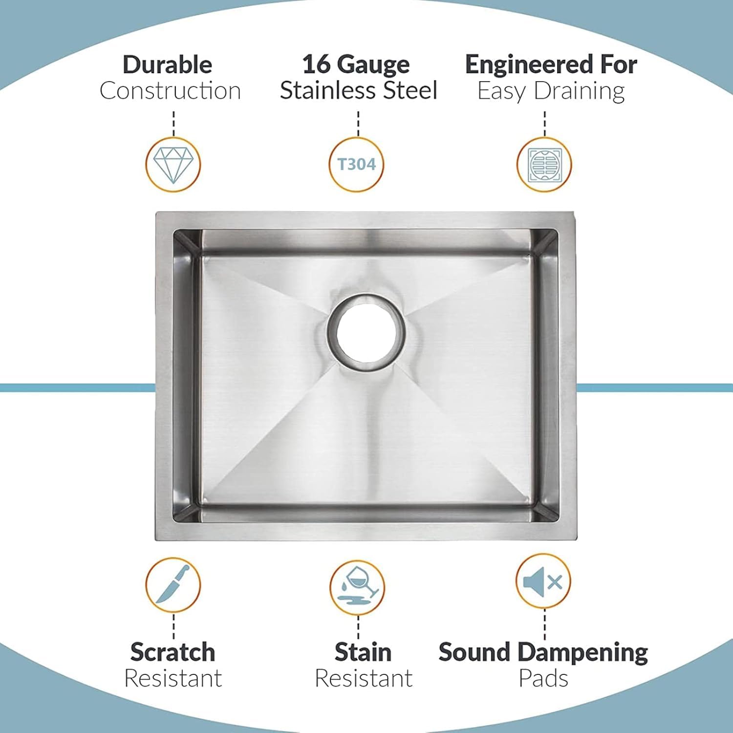 Premium 23-Inch Stainless Steel Undermount Kitchen Sink - 16 Gauge Single Bowl with Sound Dampening Rubber Pads, Includes 1 Strainer Drain & 1 Disposal Drain - Perfect for Modern Kitchens, Restaurants, and Food Prep Areas
