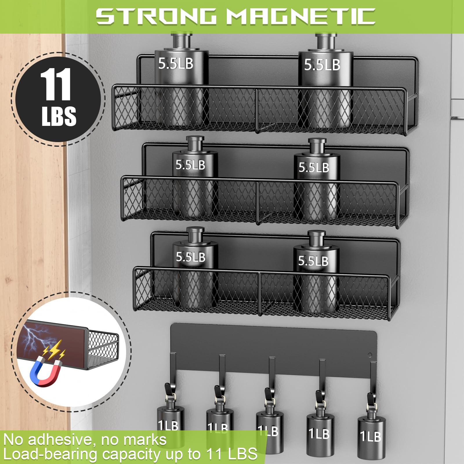 4 Pack Heavy-Duty Magnetic Shelves for Washing Machine & Refrigerator - Laundry Organizer with Hooks, Metal Storage Baskets for Closet & Laundry Room Organization (Black) - Perfect for Small Space Storage, Bathroom & Kitchen Organization