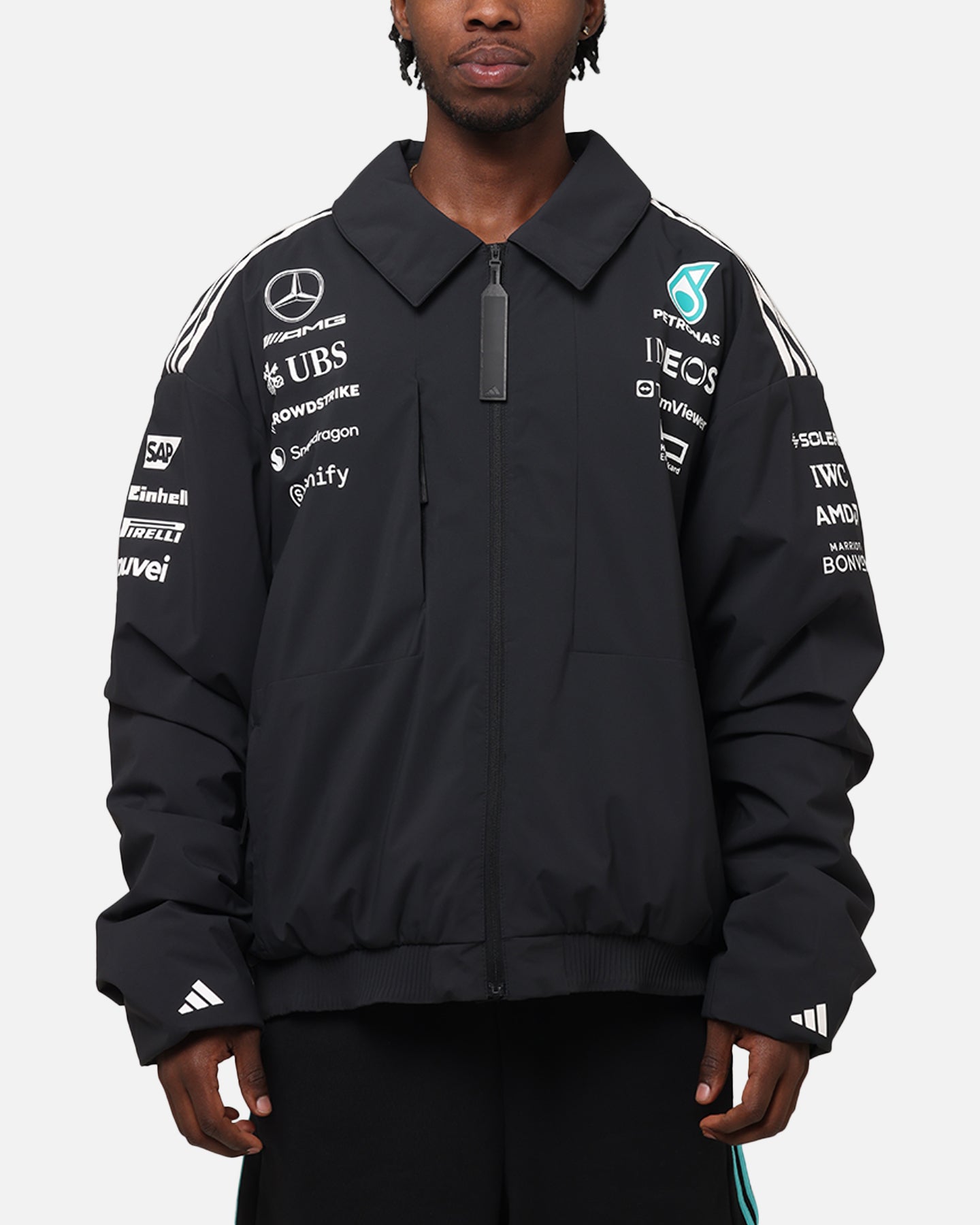 Adidas x Mercedes AMG PETRONAS F1 Team 2025 Racing Jacket - Black & White - Official Formula One Motorsport Apparel for Fans & Racing Enthusiasts