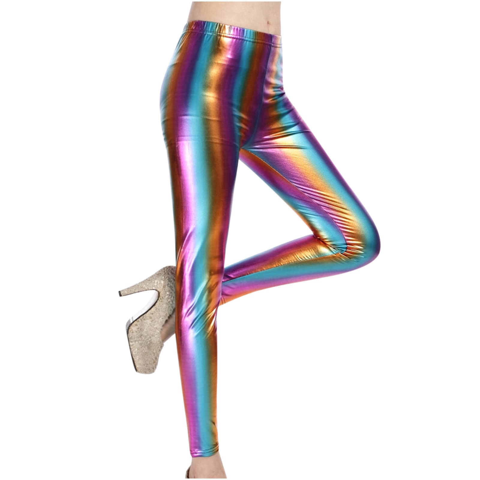 Shiny Faux Leather Leggings for Women - High Waist Elastic Tights for Night Out