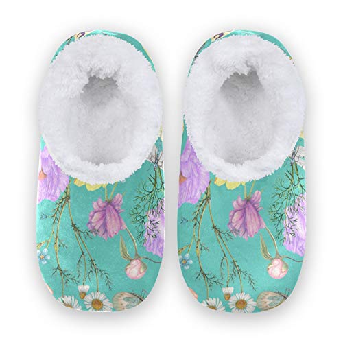 Women's Cozy Fleece House Slippers with Wildflower Design - Soft Indoor/Outdoor Slippers for Women & Men (US 5-6) - Perfect for Home, Garden, and Relaxation