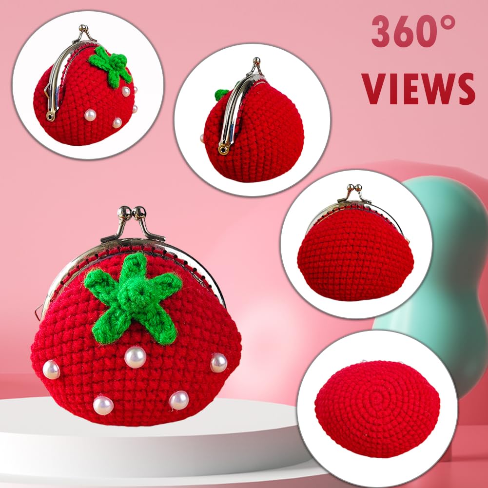 Crochet Strawberry Coin Purse for Women - Small Kiss Lock Change Pouch, Mini Knitting Wallet for Cash & Cards | Perfect for Travel, Shopping & Daily Essentials Organization