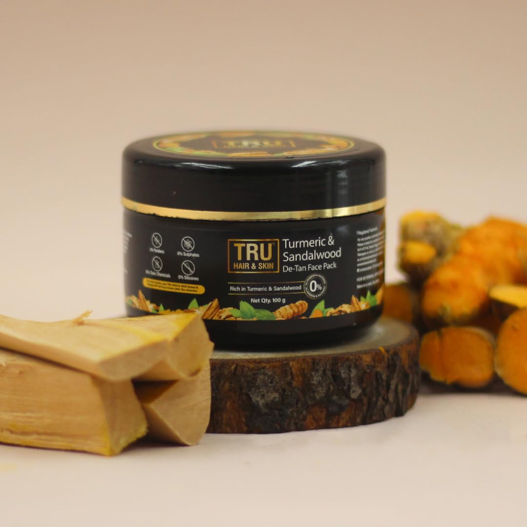 TRU HAIR & SKIN Turmeric & Sandalwood Detan Face Pack - 95g | Natural Acne Treatment & Skin Brightening | Tan Removal & Oil Control Face Mask for Glowing Skin | Perfect for Daily Skincare & Post-Sun Care