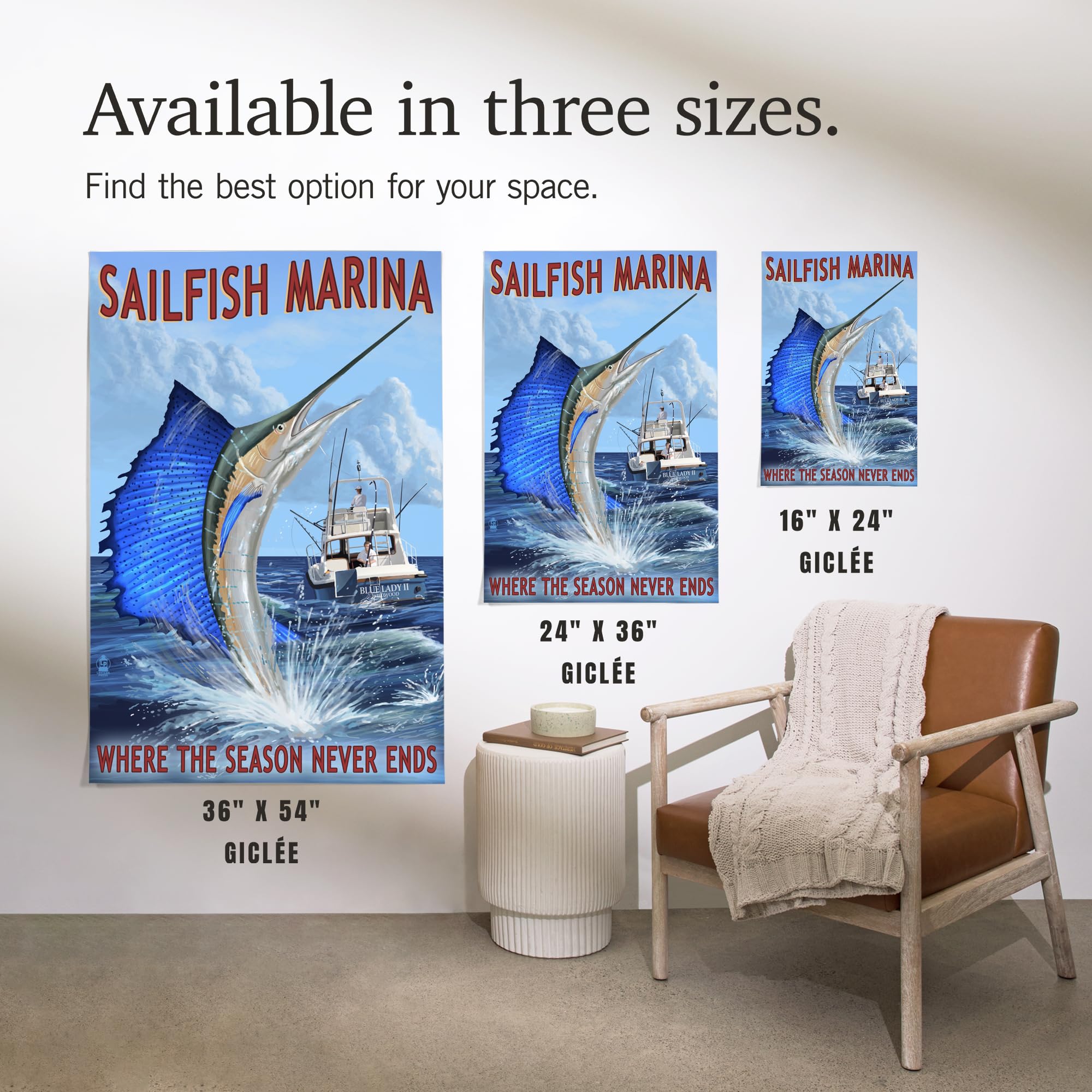 Lantern Press 16x24 Inch Giclee Art Print - Sailfish Marina Florida Coastal Wall Decor - Perfect for Beach House, Living Room & Office Wall Art