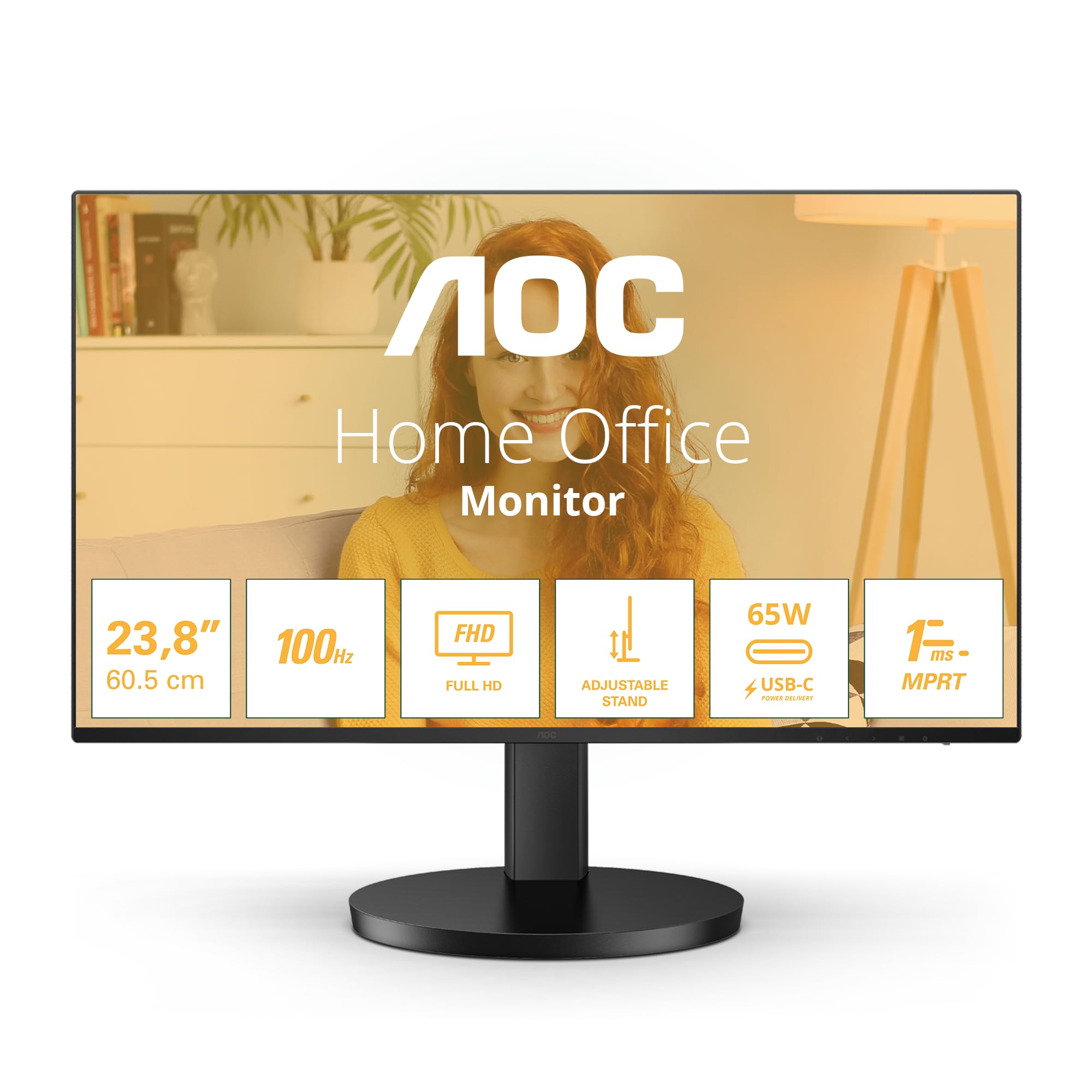 AOC 24B3CA2 24 Inch FHD IPS Monitor - 100Hz Refresh Rate, 1ms Response Time, USB-C Connectivity, Ultra Narrow Bezel, Flicker-Free, Height Adjustable with Built-in Speakers (1920x1080, 250 cd/m², HDMI 1.4/DP 1.4/USB-C) - Perfect for Home Office, Gaming & Multimedia Entertainment
