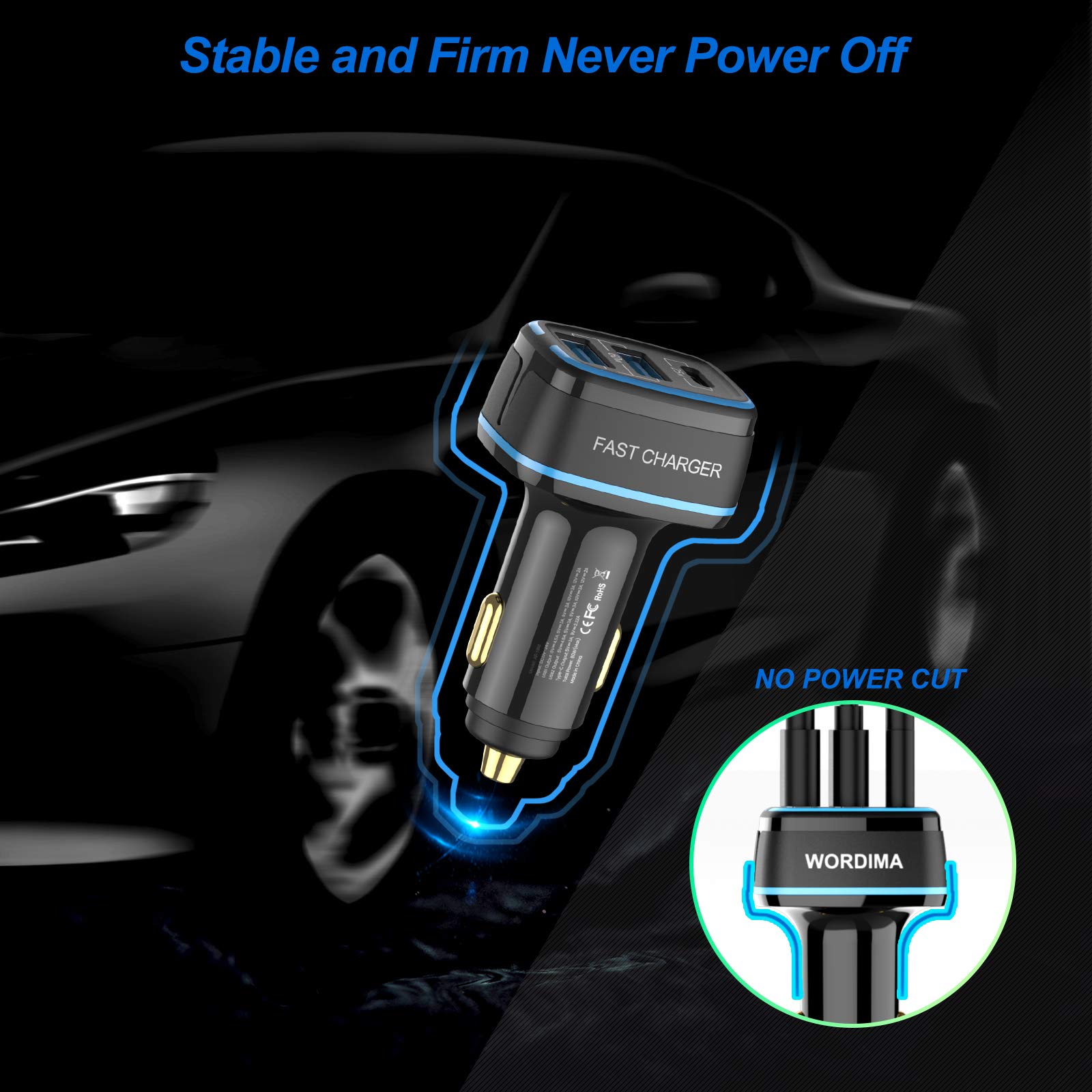 85W 3-Port Fast Car Charger with USB C - WORDIMA Cigarette Lighter Adapter for iPhone 15/14/13/12 Pro Max, iPad Pro, Google Pixel, OnePlus, Samsung Galaxy S21 & MacBook Pro/Air - Perfect for Road Trips & Multi-Device Charging