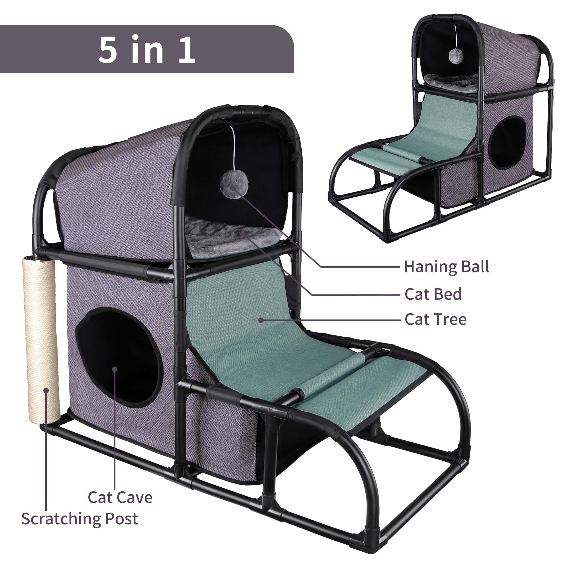 Goetland PVC Modern Cat Condo with Scratching Post, Climbing Tree & Dangling Ball - Gray Indoor Cat House for Kitties | Perfect for Small Spaces & Playtime