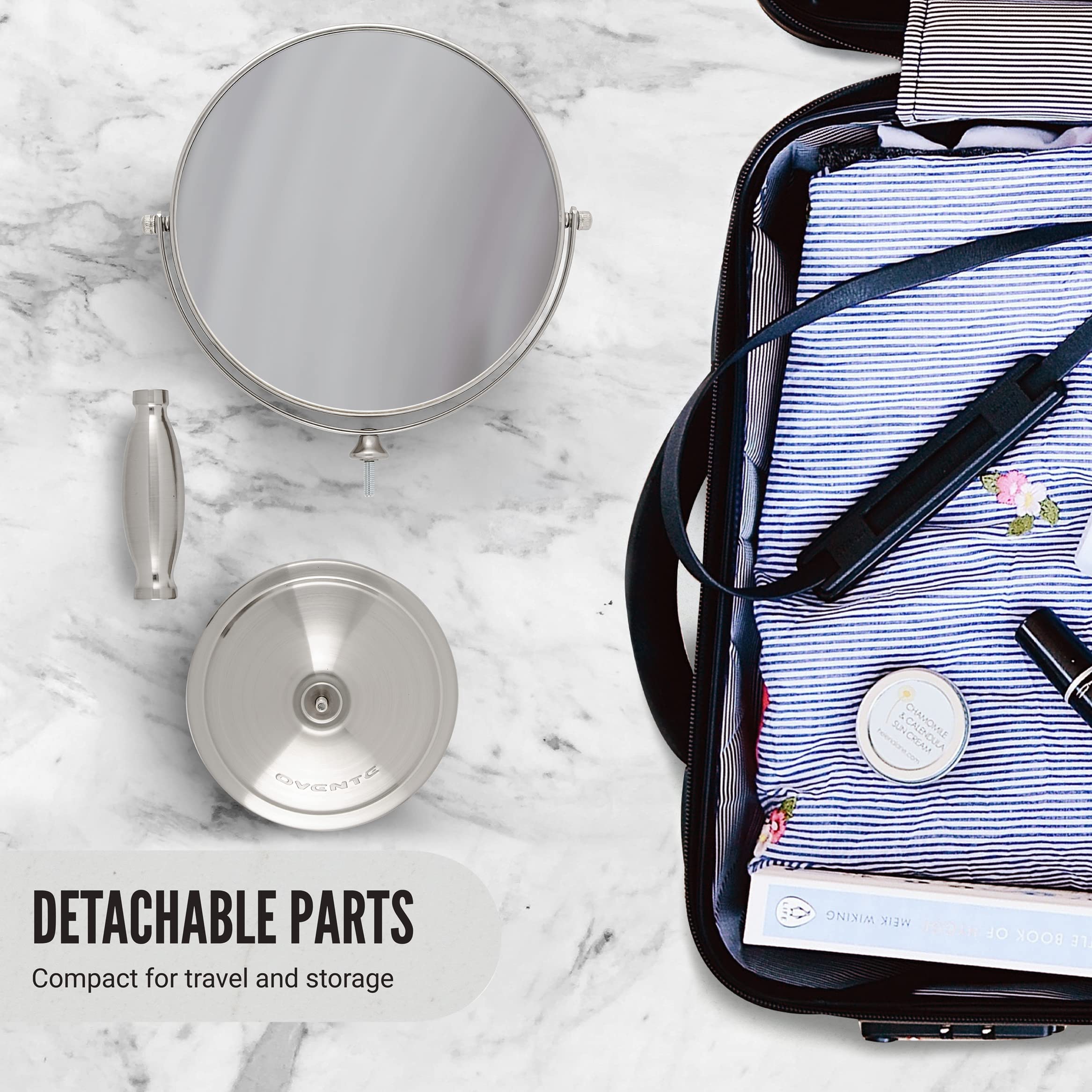OVENTE 8-Inch Double-Sided Vanity Mirror with 1X & 7X Magnification - 360° Swivel Stand, Brushed Nickel Finish - Perfect for Makeup, Skincare, Grooming at Home, Office or Travel
