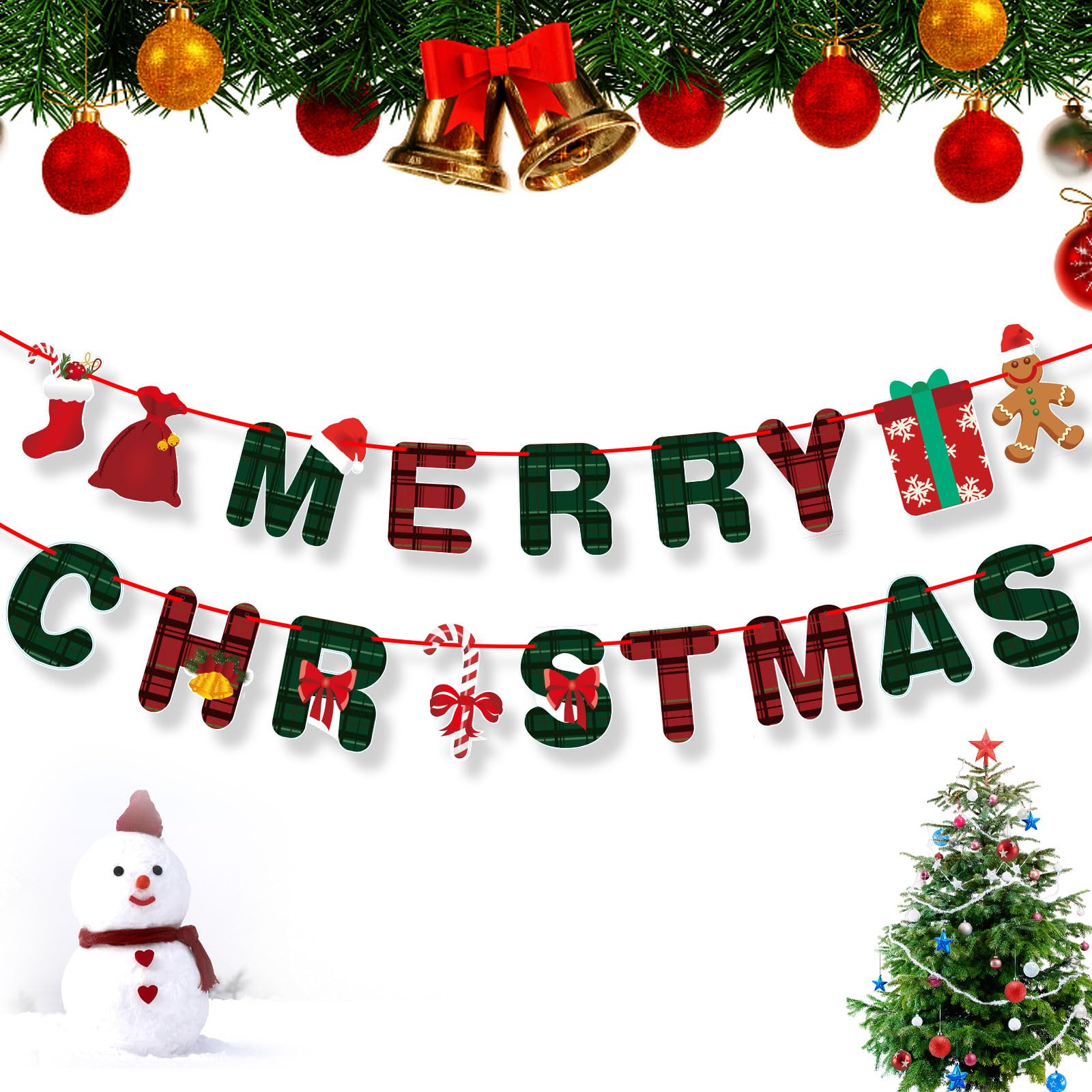 Merry Christmas Banner - Festive Xmas Bunting with Gingerbread & Socks Signs | Red & Green Paper Hanging Decor for Indoor/Outdoor, Fireplace Mantel, Home & Holiday Party Decorations | Perfect for Living Room, Front Door & Christmas Tree Decoration