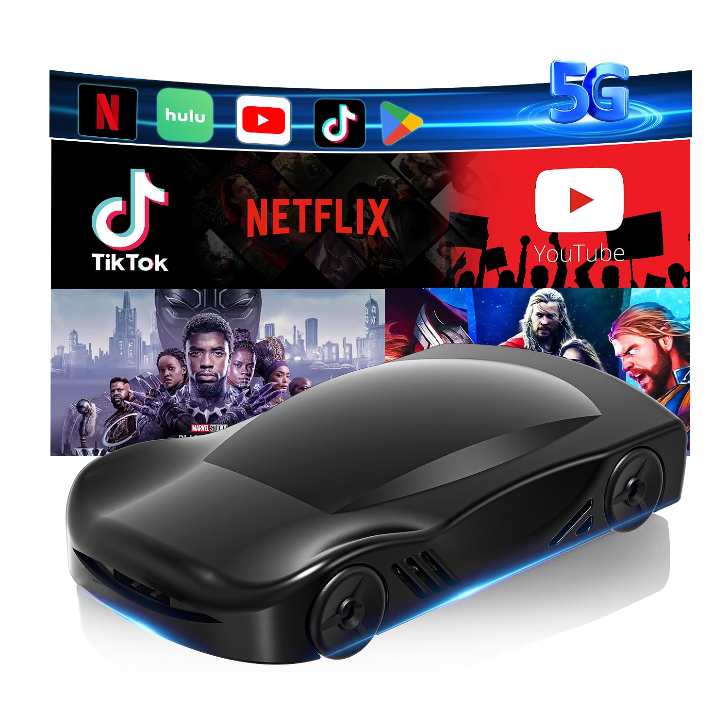 Wireless CarPlay & Android Auto Adapter for iPhone & Android - 2-in-1 Car Multimedia Box with Netflix, YouTube, Play Store Support | 5GHz WiFi, Bluetooth, TF Card Slot | Perfect for Road Trips & In-Car Entertainment