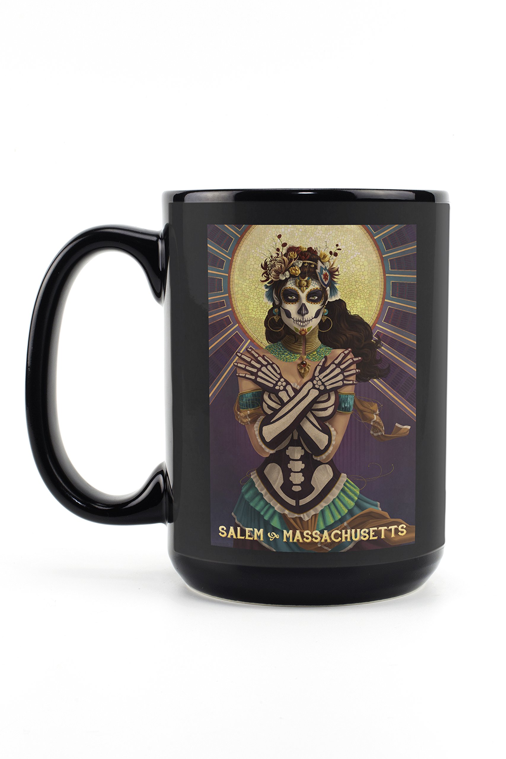Lantern Press Salem Massachusetts Day of the Dead Crossbones 15oz Black Ceramic Coffee Mug - Microwave & Dishwasher Safe - Perfect for Halloween, Gothic Decor & Coffee Lovers