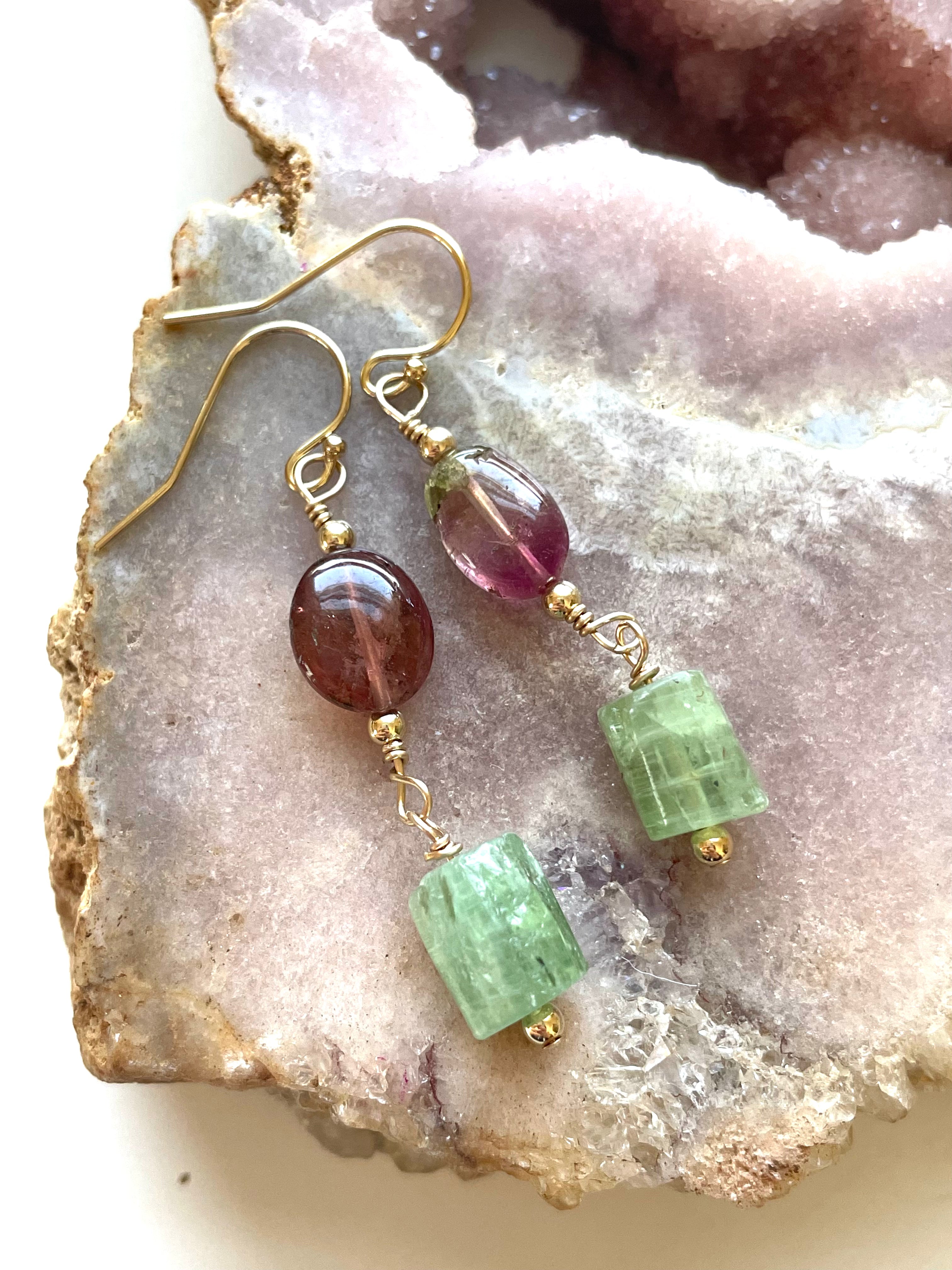Pink Tourmaline & Green Kyanite Gold Filled Earrings | Healing Crystal Jewelry for Women | Perfect for Meditation, Yoga & Spiritual Gifts