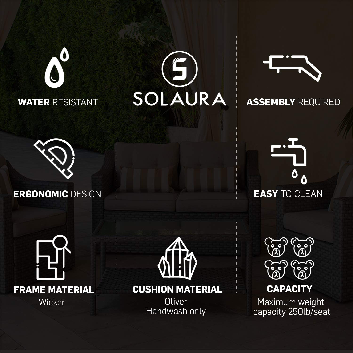 SOLAURA 7-Piece Brown Wicker Outdoor Patio Furniture Set with Cushions - Lounge Chairs, Ottoman, Loveseat & Glass Coffee Table - Weather-Resistant Rattan Conversation Set for Garden, Poolside & Backyard Relaxation