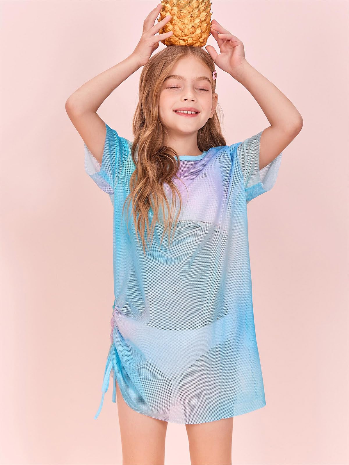 Batermoon Girls Mesh Swim Cover Up - Tie Dye Beach Dress with Drawstring for Kids 5-14 Years | Lightweight Summer Swimwear Coverup for Pool, Beach & Vacation
