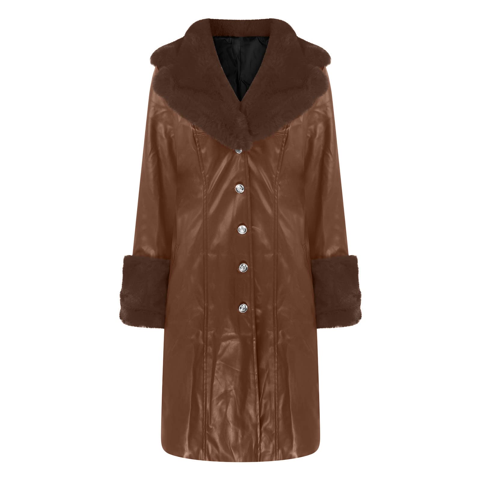 Women's Faux Leather Jacket with Fleece Lining - Winter Long Sleeve Overcoat with Full Zip & Button Closure | Warm Casual Outerwear for Everyday Wear, Office, and Night Out