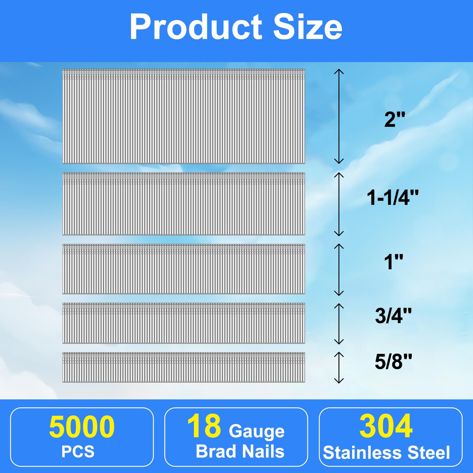 Premium 18 Gauge 304 Stainless Steel Brad Nails - 5000 Pcs for Pneumatic & Electric Nail Guns - Small Finishing Nails for Woodworking, Trim Work, and DIY Home Projects