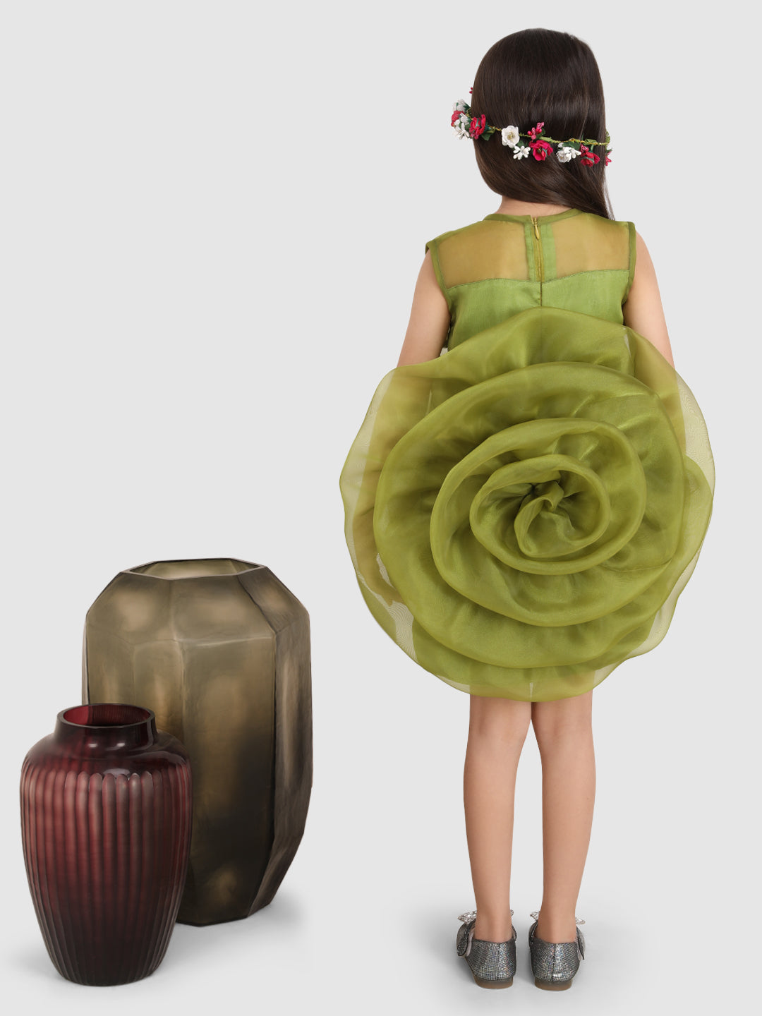 Pre Order: Elegant Big Flower Embellished Green Dress for Women - Perfect for Weddings, Parties & Special Occasions
