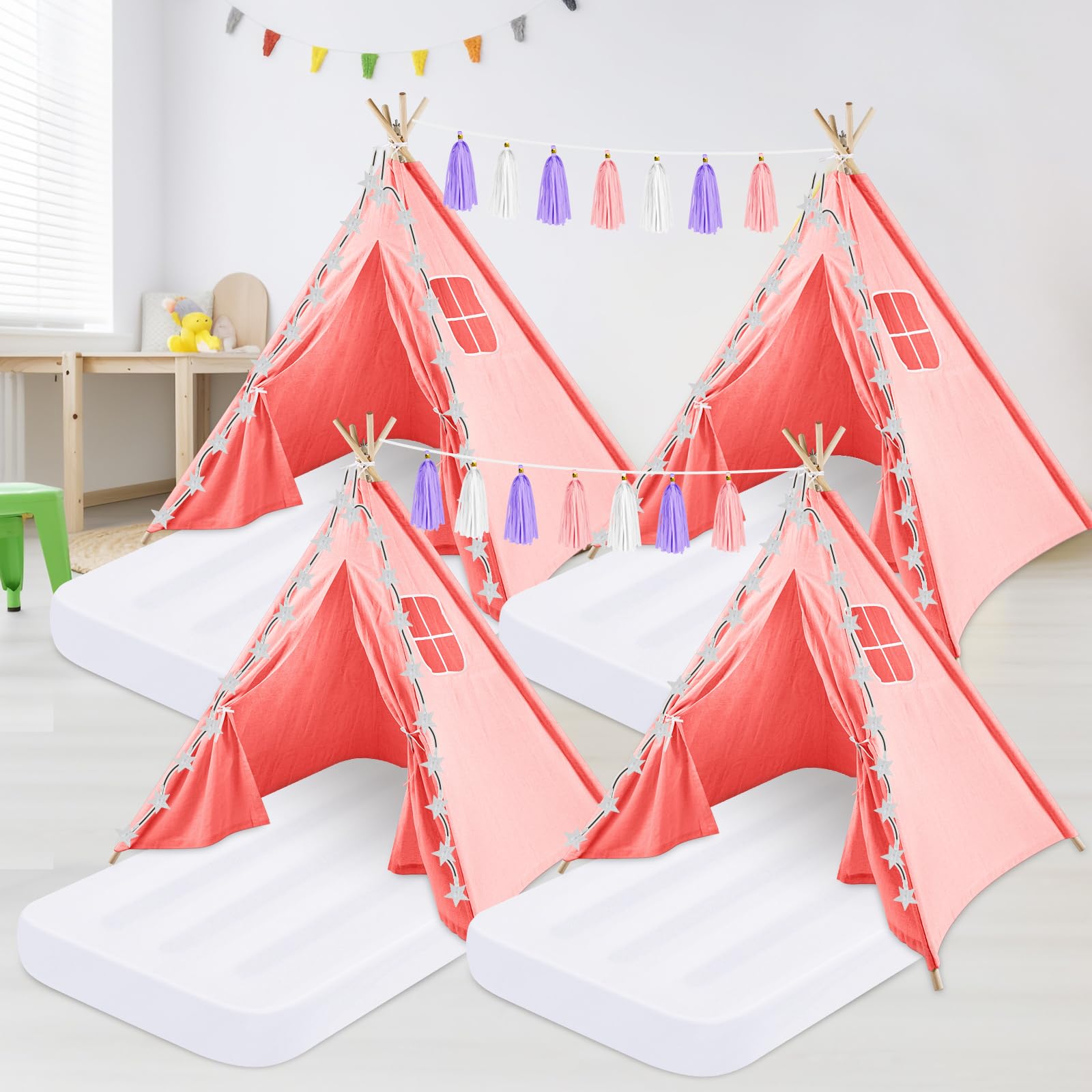 PLULON 4 Pack Pink Teepee Tent for Kids - Indoor Outdoor Play Tent with Inflatable Airbed & Decorations - Perfect for Girls Slumber Parties, Sleepovers, and Backyard Camping Adventures