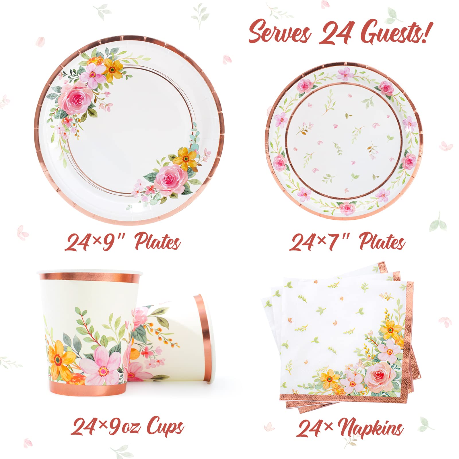 Floral Paper Plates and Napkins Set - Pink Flower Disposable Dinnerware for 24 Guests | Perfect for Bridal Showers, Birthday Parties & Garden Tea Parties | Elegant & Eco-Friendly Party Supplies