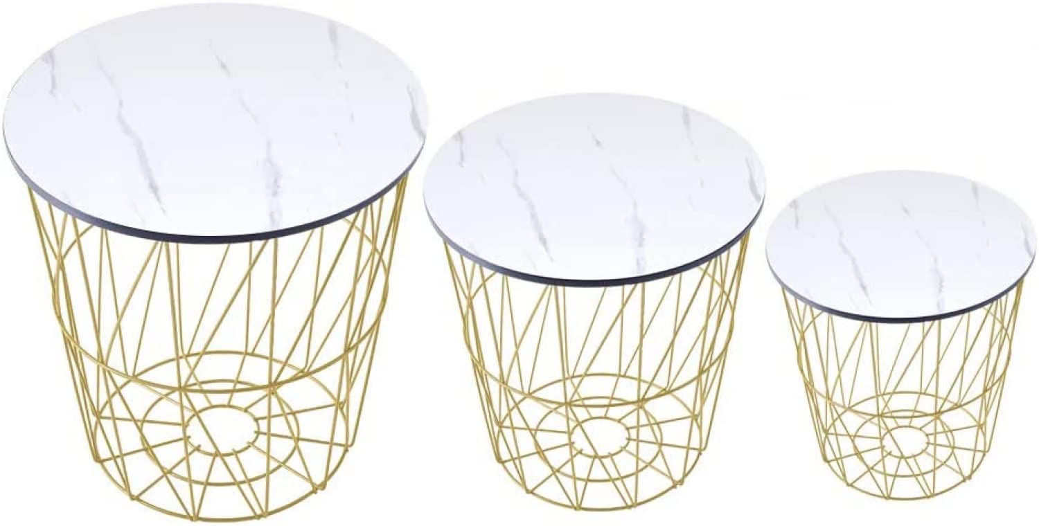 Danai Round Nesting Tables Set of 3 - White Marble Effect Coffee Side Tables with Storage Basket & Metal Grid Frame for Living Room, Bedroom - Space-Saving End Tables with Removable Tops for Small Apartments & Home Decor