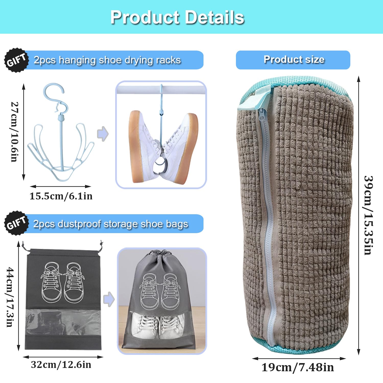 Reusable Shoe Washing Machine Bag for Sneakers & Tennis Shoes - 360° Deep Cleaning Laundry Bag with Durable Zipper, Large Capacity (Grey, 2PCS) - Perfect for Washing & Drying Shoes in Washer & Dryer, Protects Footwear During Laundry