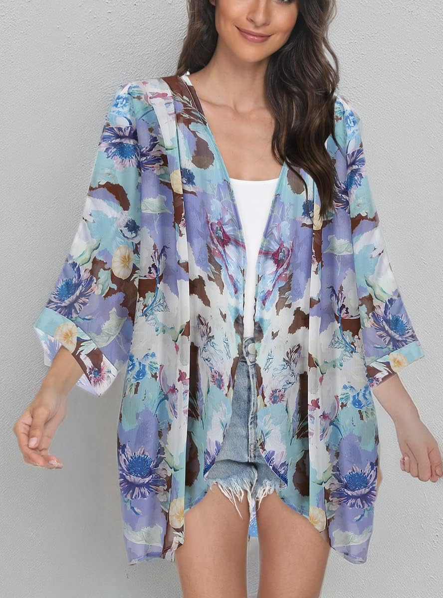 Tribear Women's Floral Printed Chiffon Kimono Cardigan - Lightweight Batwing Sleeve Cover Up for Beach, Pool, Summer Outfits & Casual Wear
