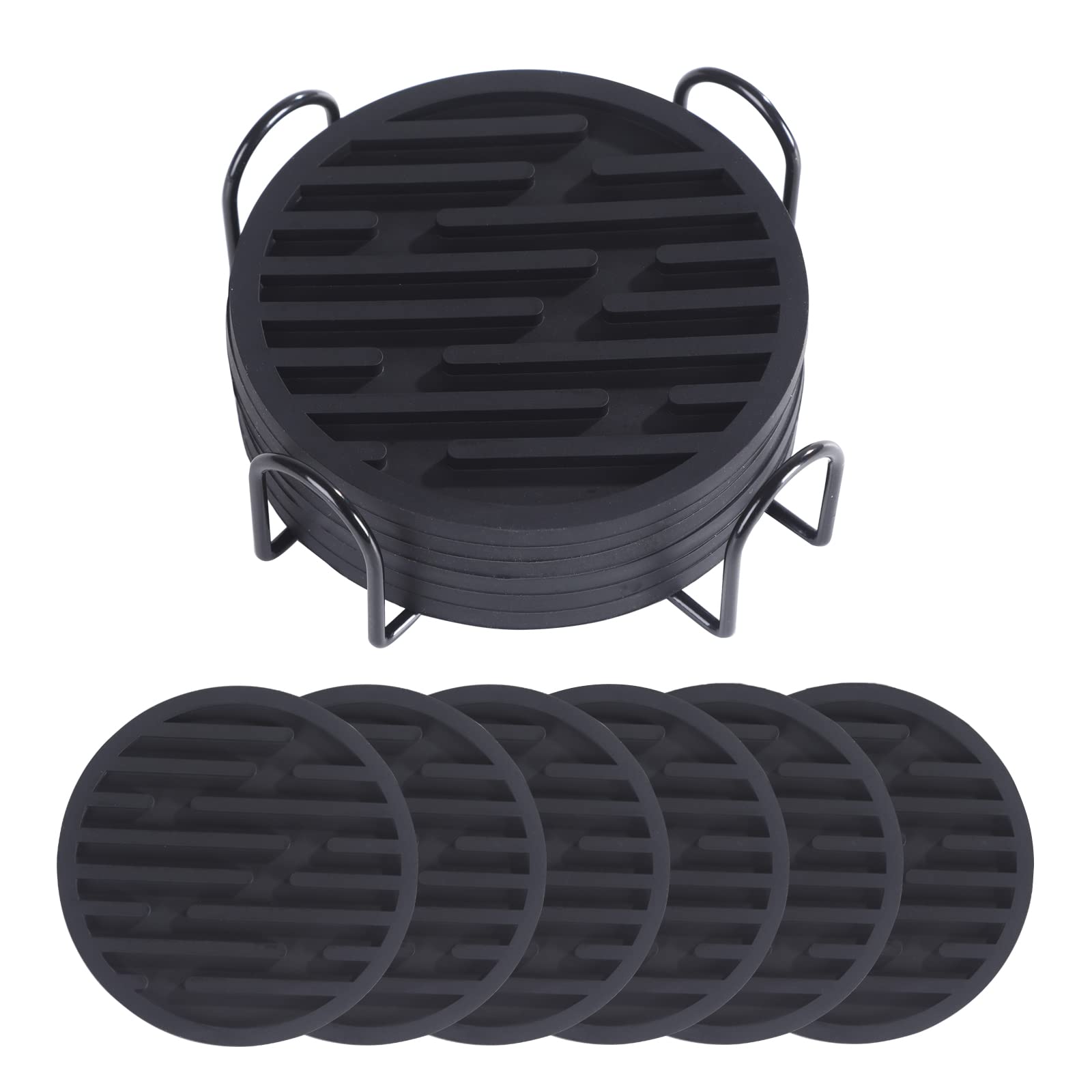 Aidubaos Set of 6 Non-Slip Silicone Drink Coasters - Heat Resistant & Washable for Coffee, Tea, Beer - Perfect for Wooden Tables, Desks, Kitchen Countertops & Office Use (Black) - Protect Your Furniture from Stains & Water Rings