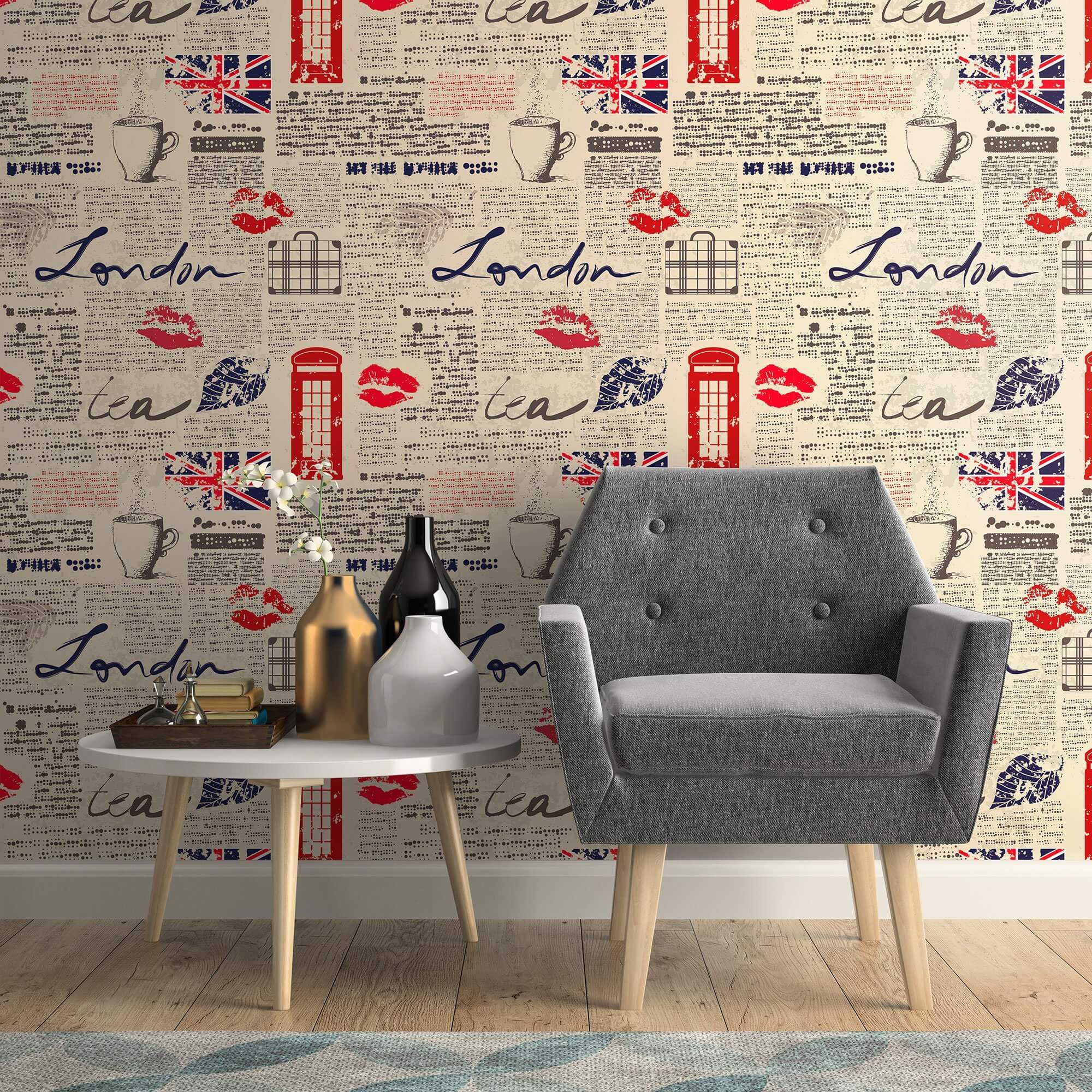 Blue and Red Travel Themed Peel and Stick Removable Wallpaper 5029 - Self-Adhesive Decorative Wall Covering for Bedroom, Living Room & Office Decor