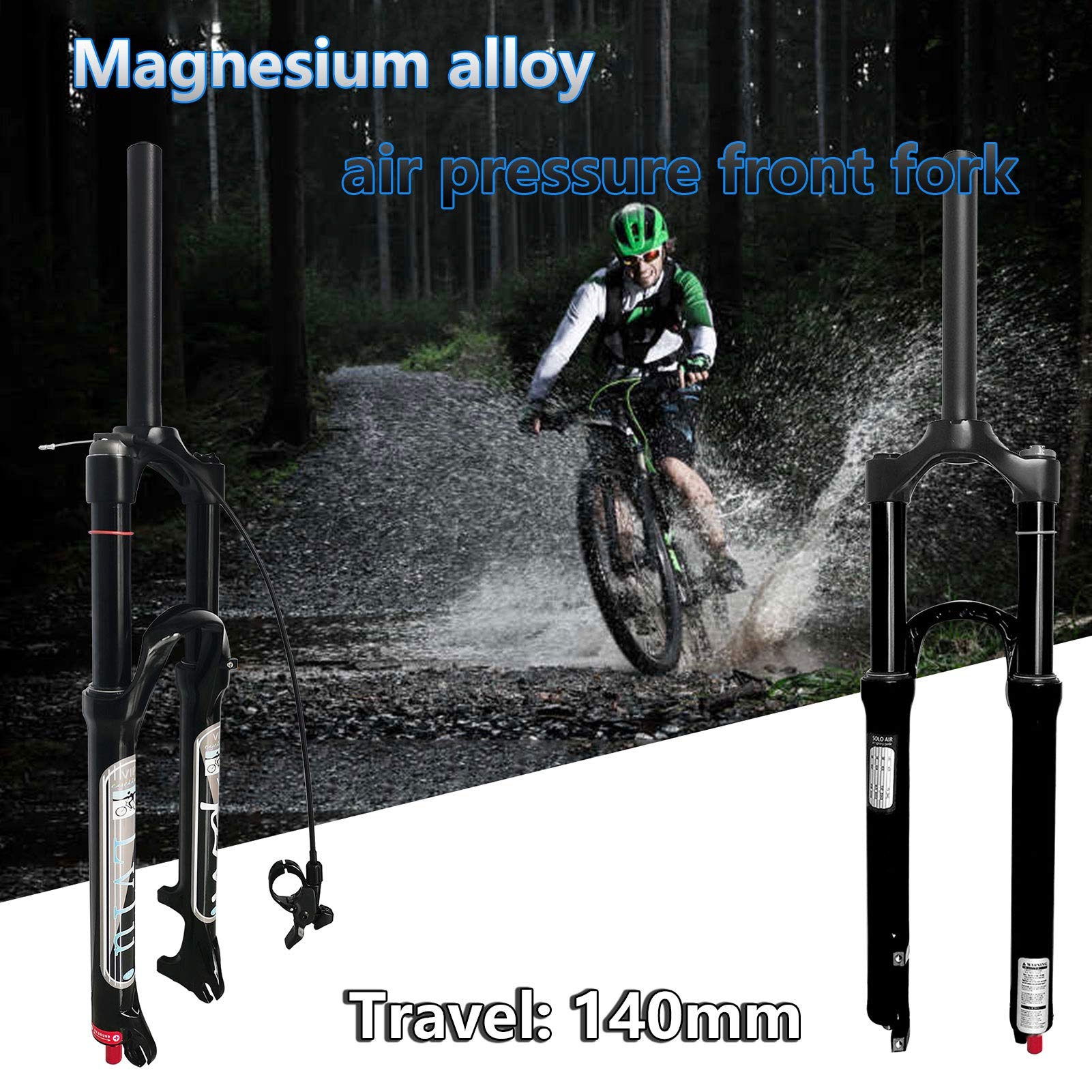 **Mountain Bike Air Fork 26/27.5/29 Inch - Aluminum Alloy 140mm Travel Suspension Fork with Adjustable Damping - Tapered Remote Lock Out (Black, 29