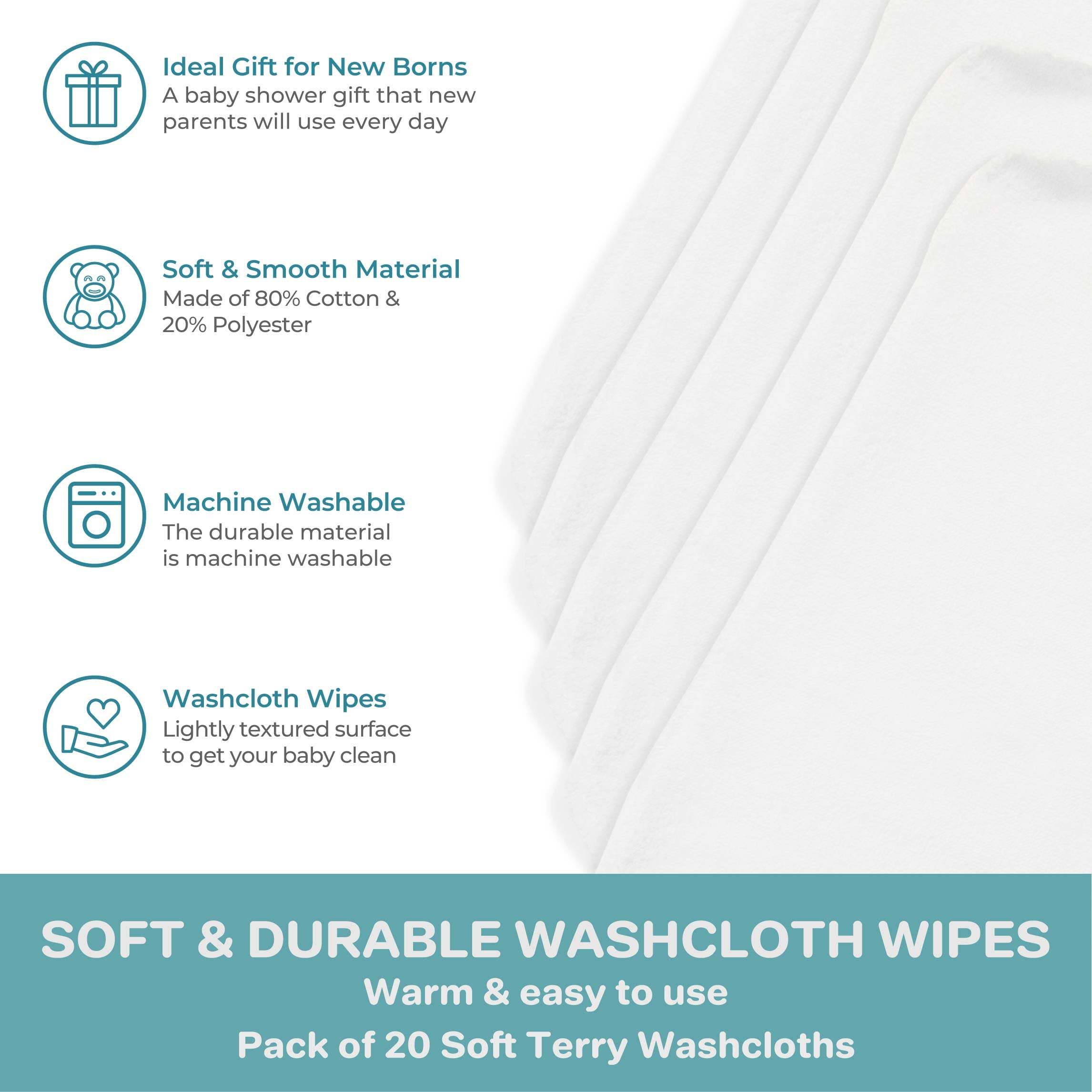 **Soft Terry Washcloth Wipes Set for Newborns - 20-Pack White Baby Washcloths for Gentle Bathing & Diaper Changes**