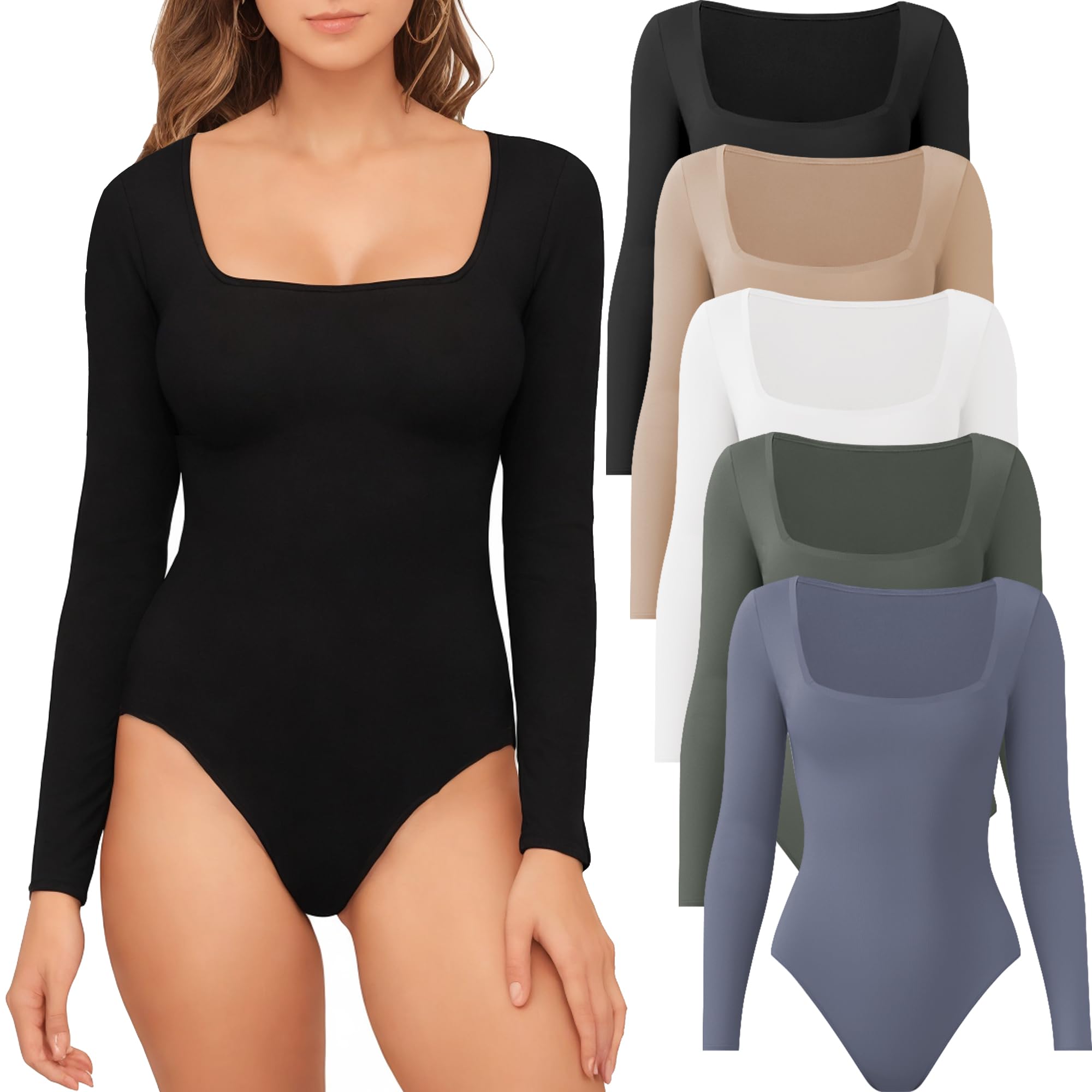 4/5 Pack Women's Square Neck Long Sleeve Bodysuit - Stretchy Casual Tops for Everyday Wear | Perfect for Layering, Office, Date Night & Fall Outfits