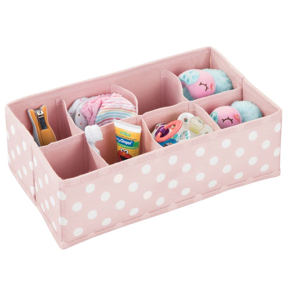 mDesign Soft Fabric Dresser Drawer & Closet Storage Organizer for Kids Room - 8-Section Rectangular Organizer with Fun Polka Dot Print (Light Pink/White) - Perfect for Nursery, Toddler Clothes & Toy Organization