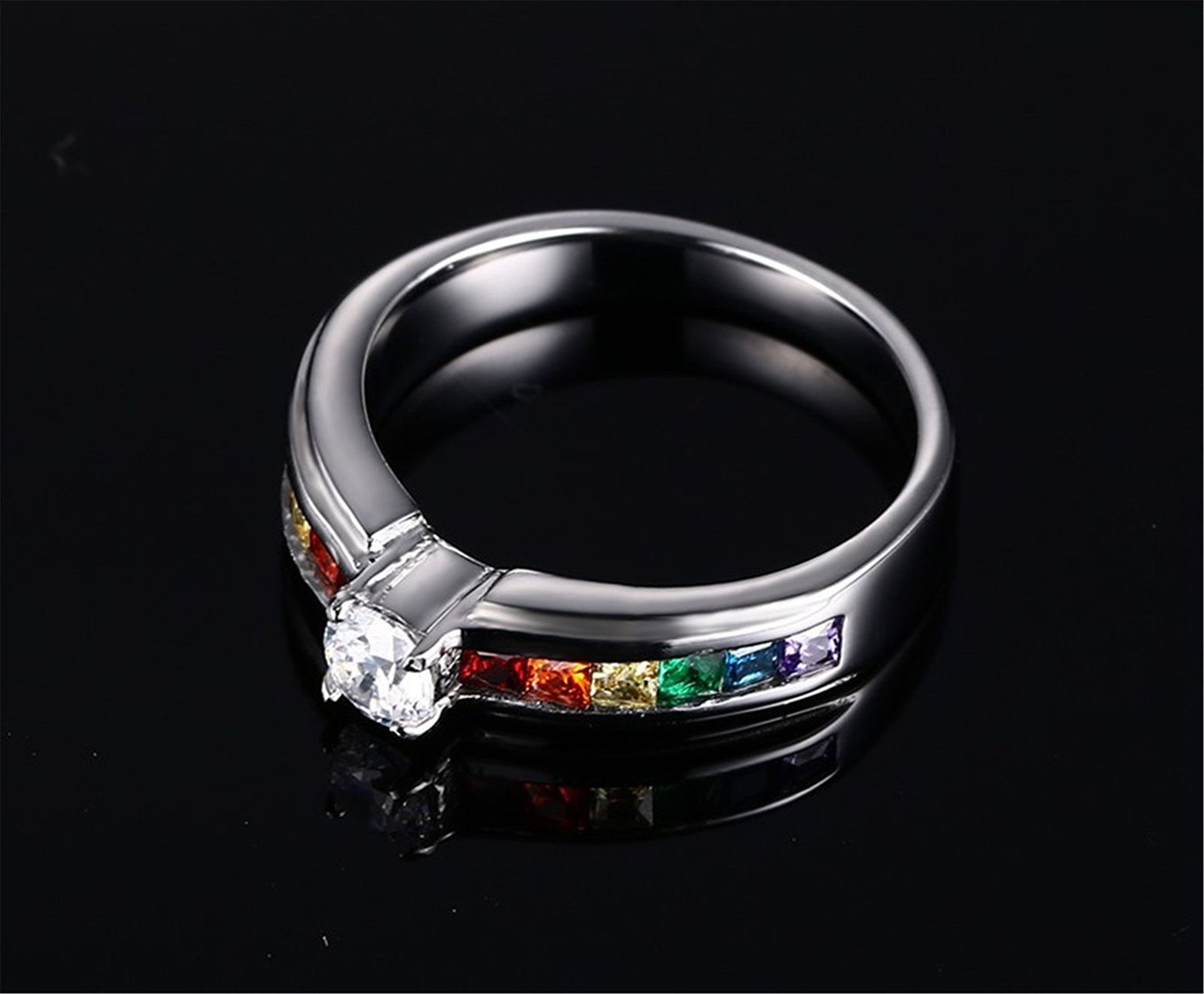 316L Stainless Steel LGBT Pride Rainbow CZ Cubic Zirconia Wedding Engagement Rings for Couples - Perfect for Same-Sex Proposals, Commitment Ceremonies & Anniversary Gifts