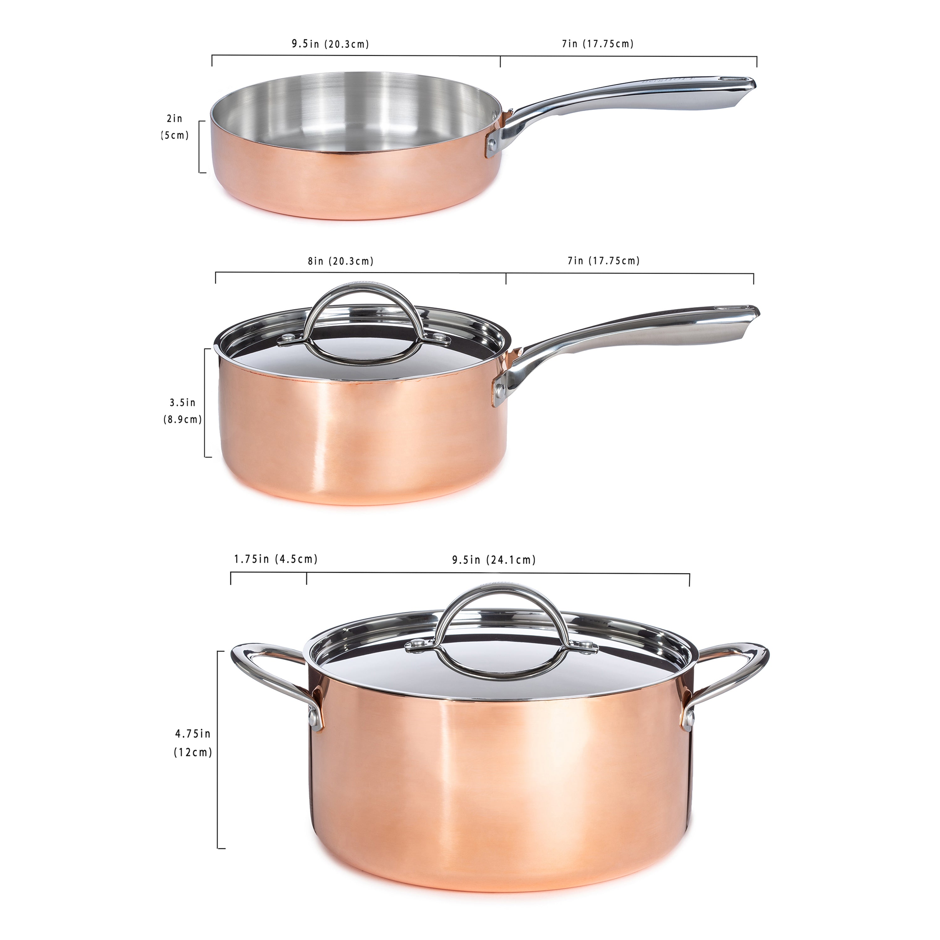 BergHOFF Vintage 5-Piece Tri-Ply Copper Cookware Set with Lids - Polished Stainless Steel Pots & Pans for Professional Cooking, Home Kitchen & Gourmet Meal Preparation