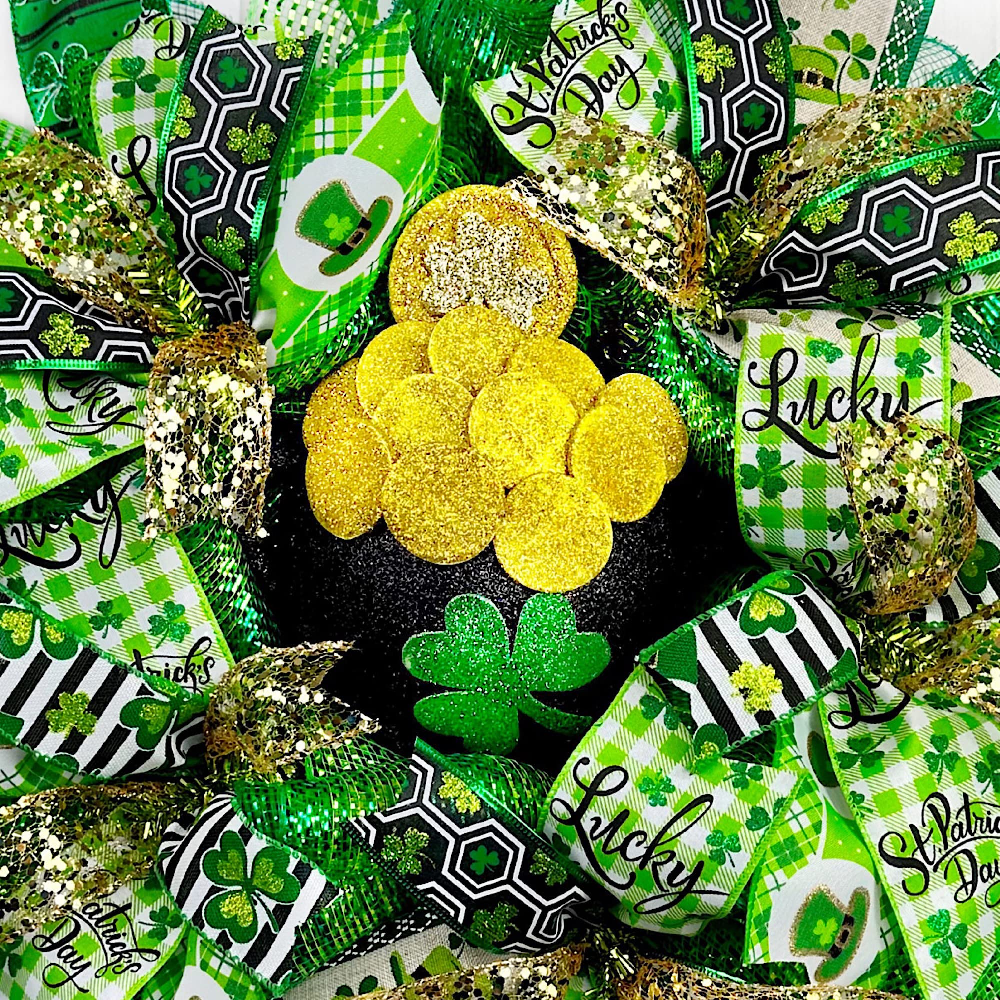 18x18x6 Inch St. Patrick's Day Wreath with Leprechaun & Clover Ribbon - Gold Pot Decor for Irish Holiday Door Hanging - Perfect for Home, Office, and Party Decorations
