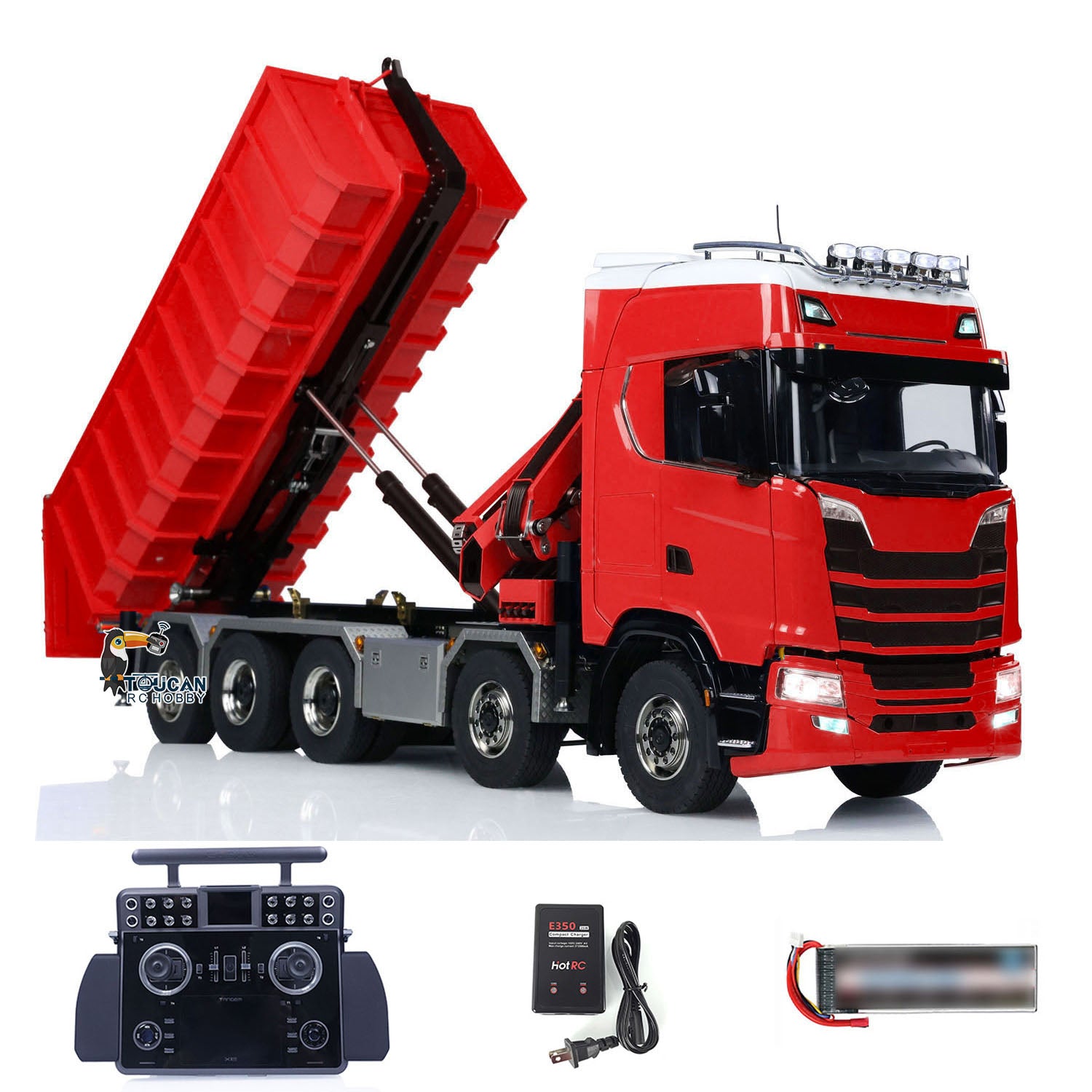 1:14 Scale 770S 5-Axle 10x10 Metal Chassis RC Hydraulic Dump Truck with Remote Control Crane & Roll Off Dumper - Frsky XE Lite RC Construction Vehicle Model for Off-Road Play & Professional Simulation