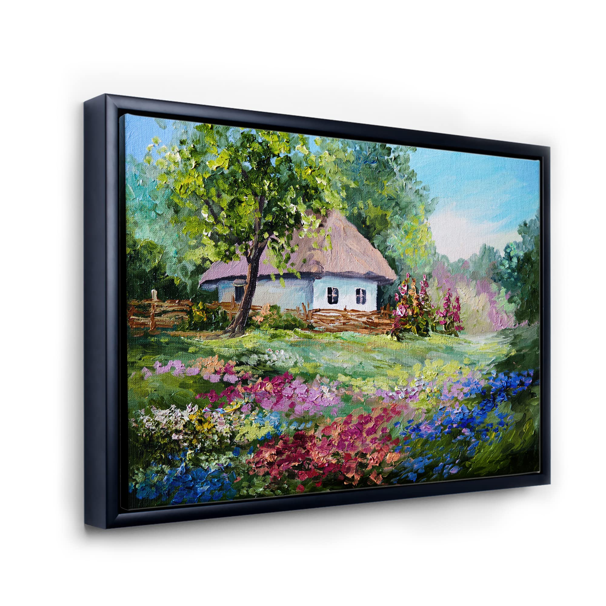 Traditional Framed Canvas Wall Art Print - Mountain House with Blossoming Flowers Landscape Painting for Living Room, Bedroom & Office Decor