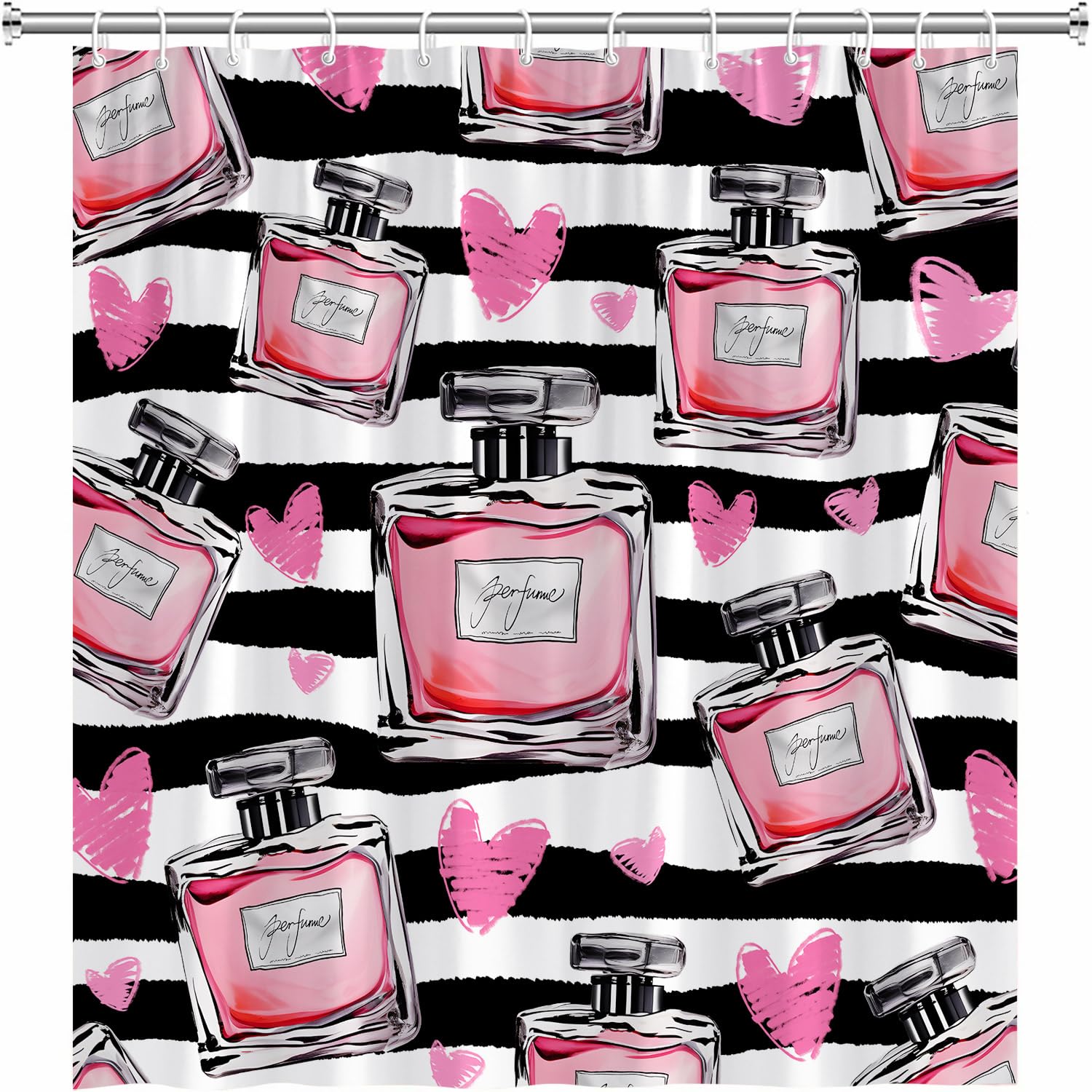 Valentine's Day Shower Curtain - Black & White Perfume Bottle Design with Pink Accents, Modern Romantic Bathroom Decor, 70x70 Inches Polyester with Hooks - Perfect for Couples' Bathrooms, Bridal Showers & Anniversary Gifts