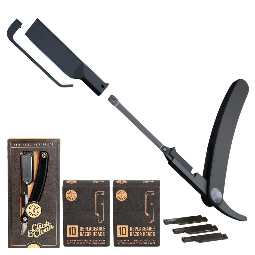 Premium Straight Edge Razor for Men - 20+1 Disposable Blade Heads, Patented Ergonomic Handle for Beard & Hair Shaving - Black Handle - Perfect for Home Grooming & Barber Shop Use