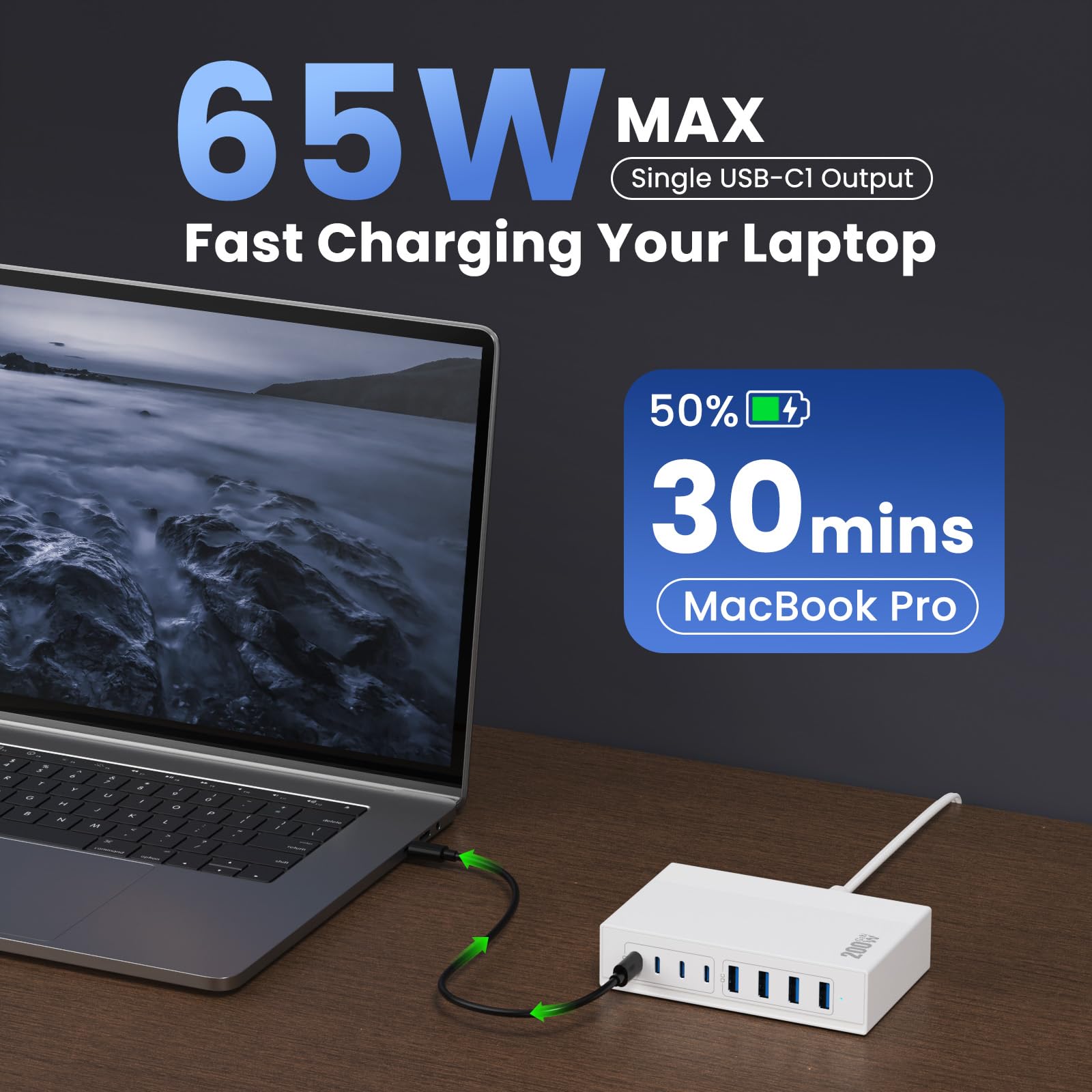 200W GaN III USB C Fast Charger Block - 8-in-1 PD Charging Station with 65W Laptop Charger - Compatible with MacBook Pro/Air, Dell XPS, iPhone 16/15/14, iPad, Galaxy S24 - Portable Travel Charger Hub (White) | Perfect for Home, Office & Travel Charging Needs