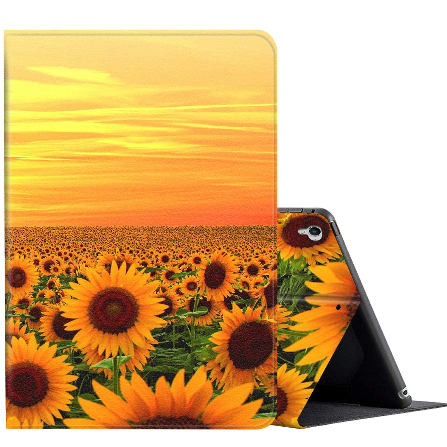 Premium Shockproof iPad Case for iPad 9.7 (2018/2017) & iPad 6th/5th Gen & iPad Air 1/2 - Adjustable Folio Smart Cover Stand with Cute Bright Yellow Flower Design - Perfect for Work, School & Travel Protection