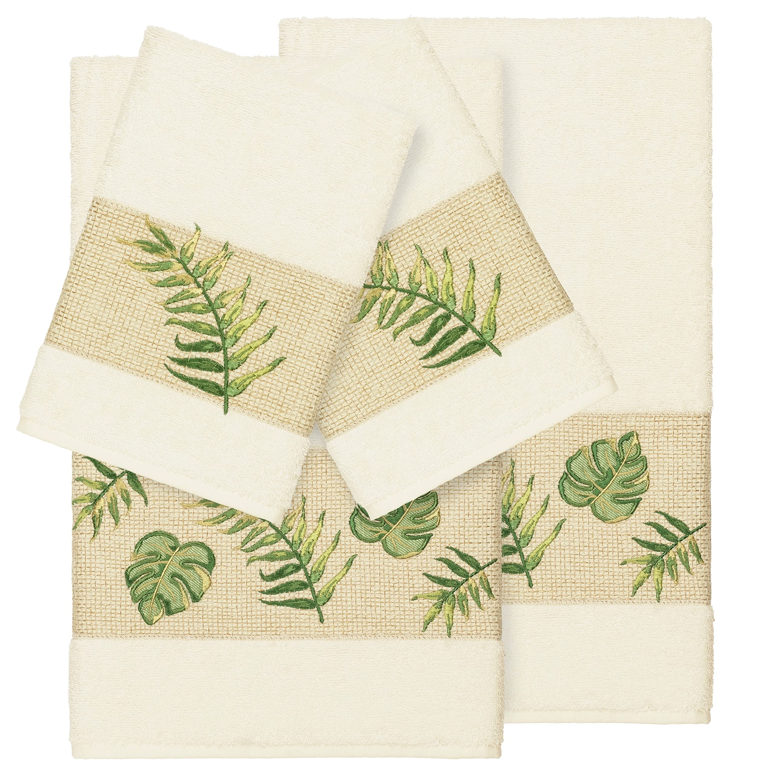 Premium Turkish Cotton Embroidered Palm Fronds 4-Piece Bath Towel Set - Soft & Absorbent for Spa, Beach & Luxury Home Decor