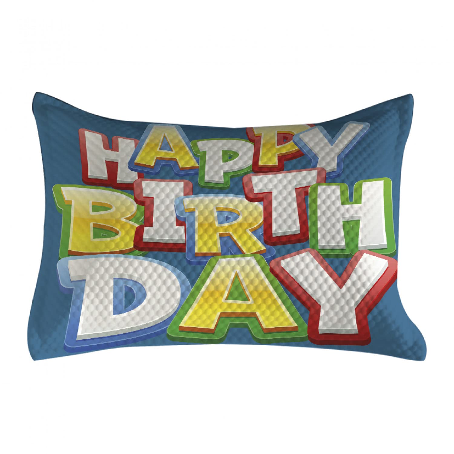Ambesonne Birthday Party Quilted Pillow Cover - Rainbow Happy Birthday Typography on Blue Backdrop, Standard Queen Size 30